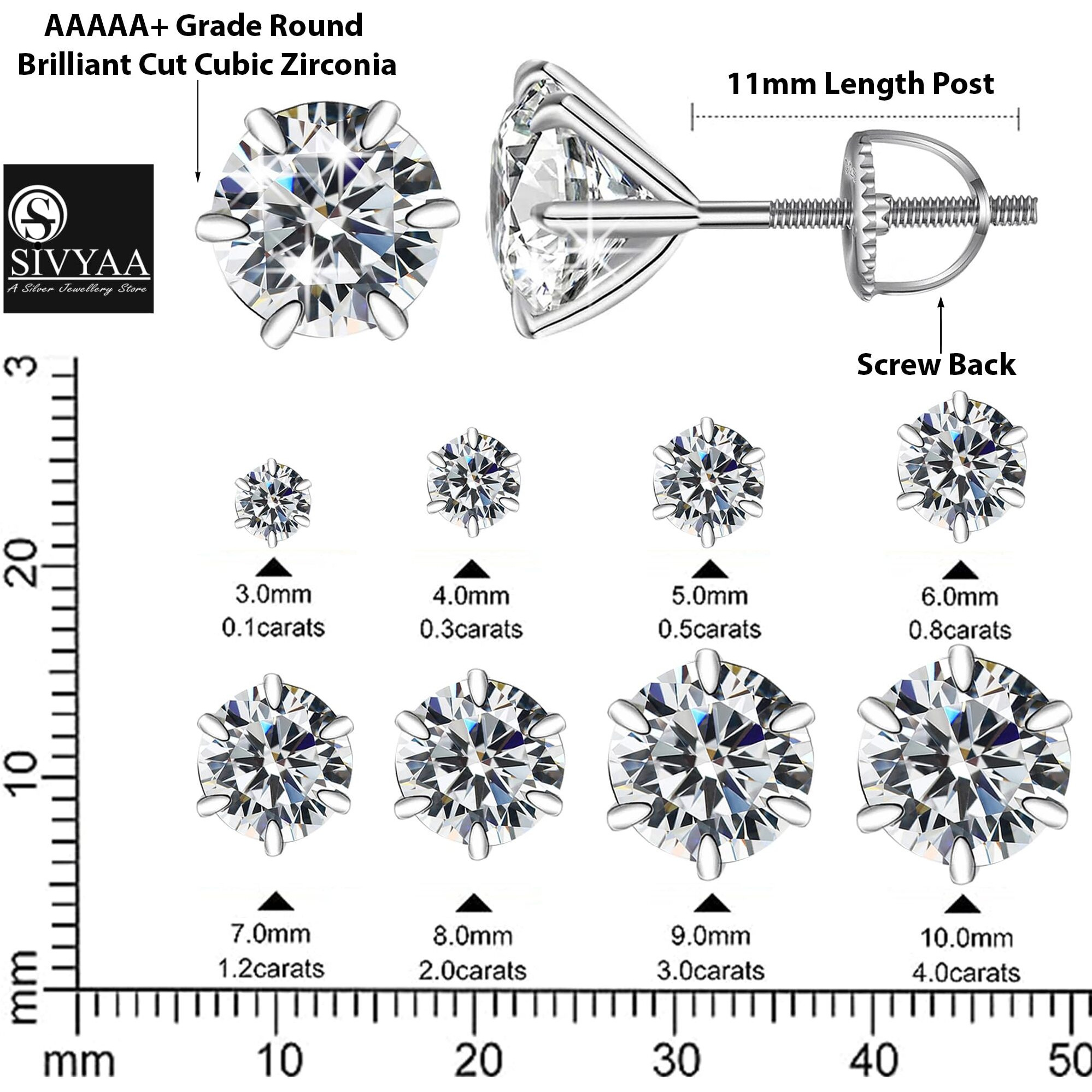 SIVYAA White Solitaire Diamond Screw Back Stud Earrings Set | Pure 925 Sterling Silver | Round Brilliant Cut Cubic Zirconia Ear Tops | Gift Item for Men Women Boys Girls Baby | 6 Month Warranty, 3MM