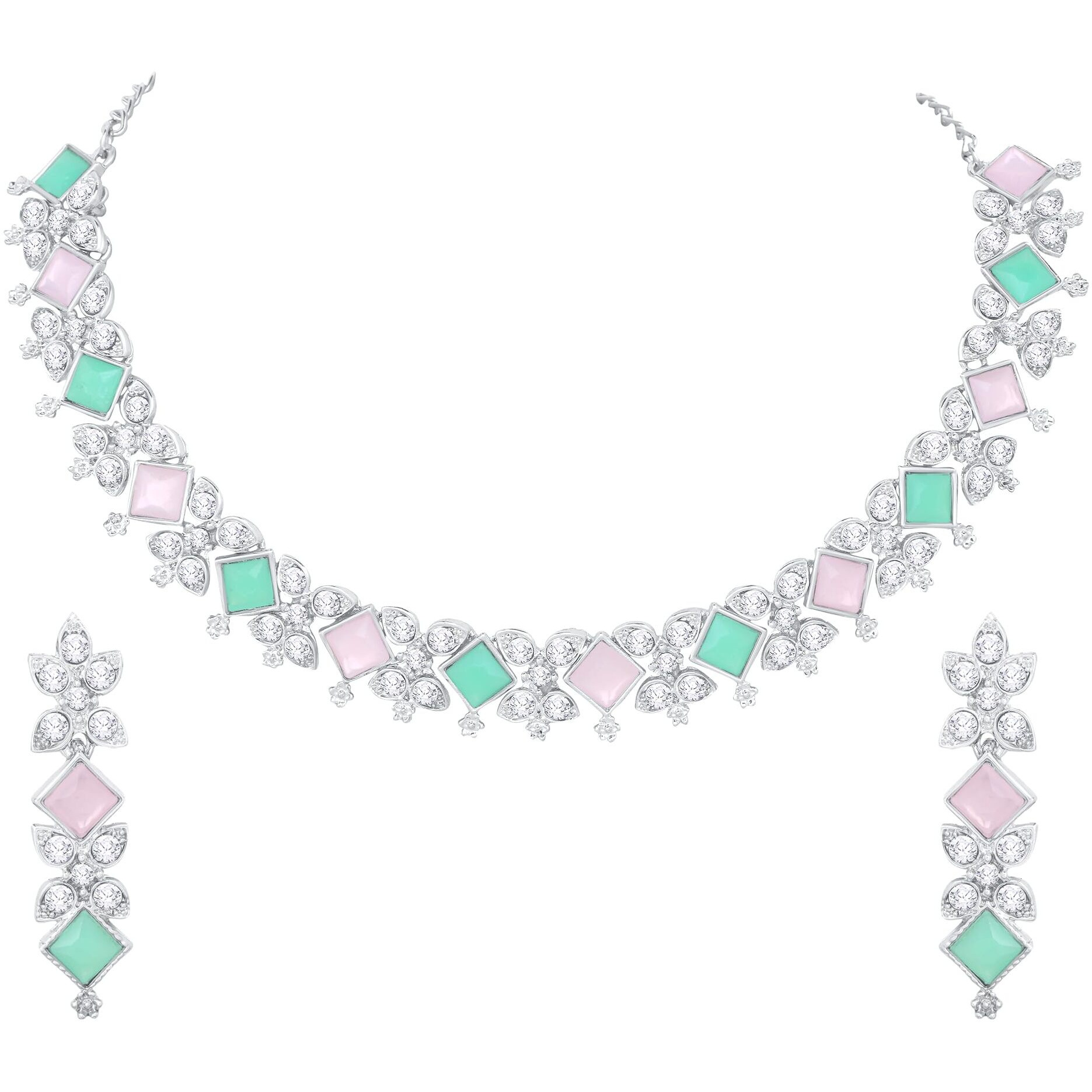 Atasi International Crystal Necklace Jewellery Set with Earrings for Women & Girls - Ideal for Party, Wedding, Festive (Silver Plated Mint Pink and Green)