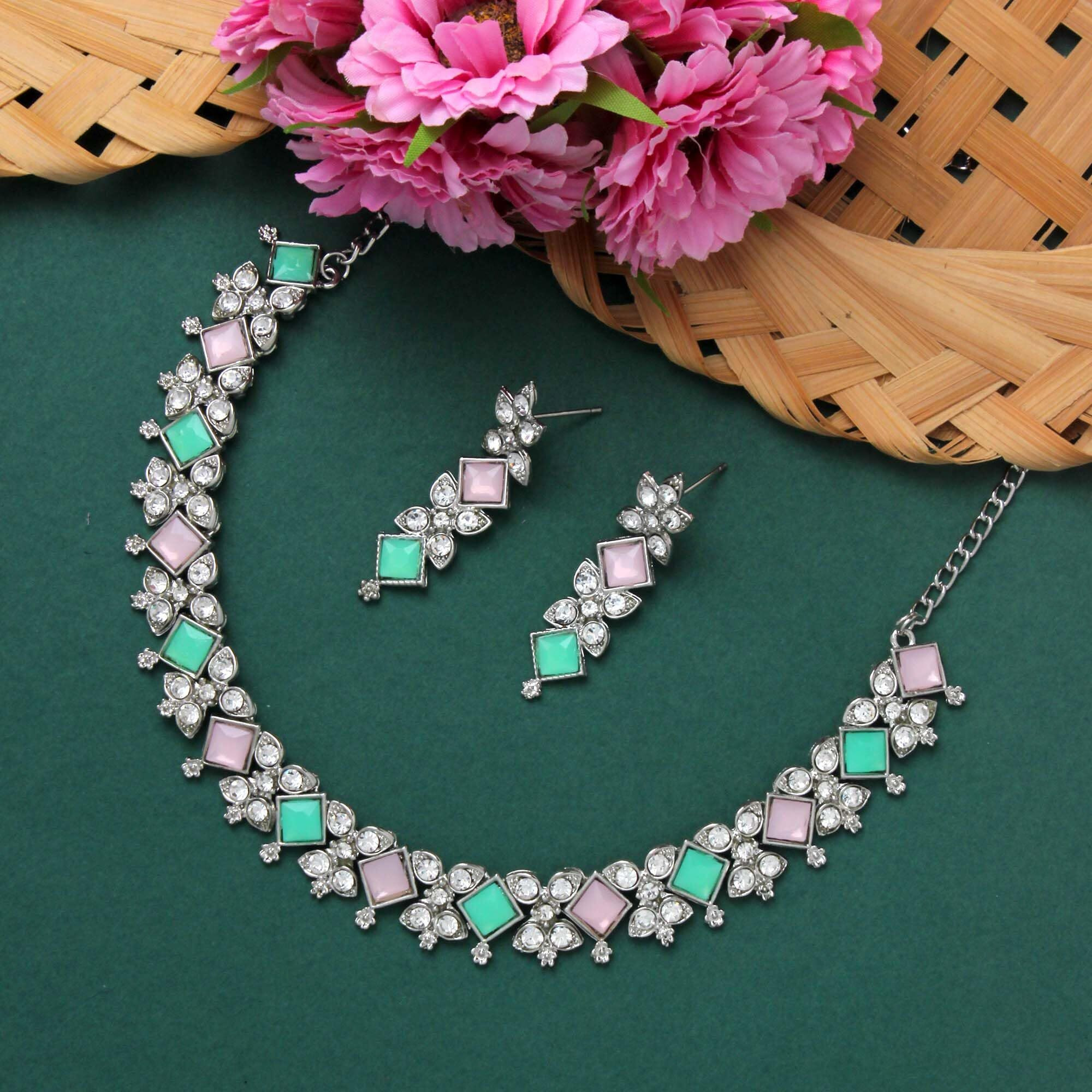 Atasi International Crystal Necklace Jewellery Set with Earrings for Women & Girls - Ideal for Party, Wedding, Festive (Silver Plated Mint Pink and Green)