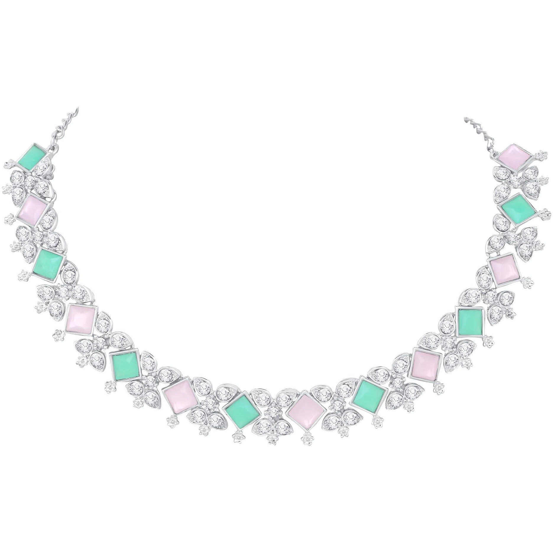 Atasi International Crystal Necklace Jewellery Set with Earrings for Women & Girls - Ideal for Party, Wedding, Festive (Silver Plated Mint Pink and Green)