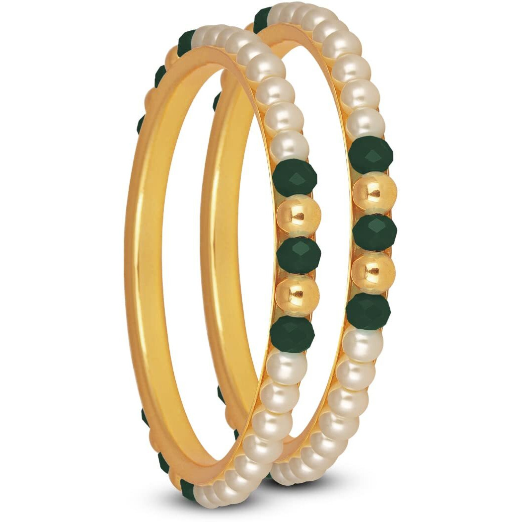 JFL - Jewellery for Less One Gram Gold Plated Pearl Bangles with Crystal & Gold Beads Handcrafted Traditional Bangle Set for Women & Girls (Dark Green)