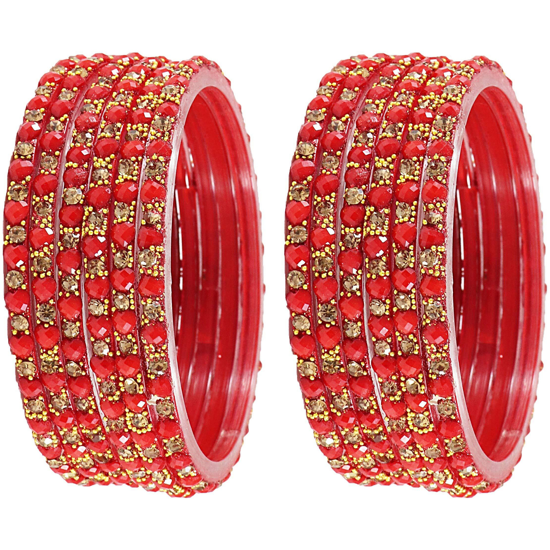 NMII Zircon Gemstone with Heart Shaped Beads and Golden Colour Balls Studded Glossy Finished Glass Kada Set For Women and Girls, (Red_2.8 Inches), Pack of 12 Kada Set