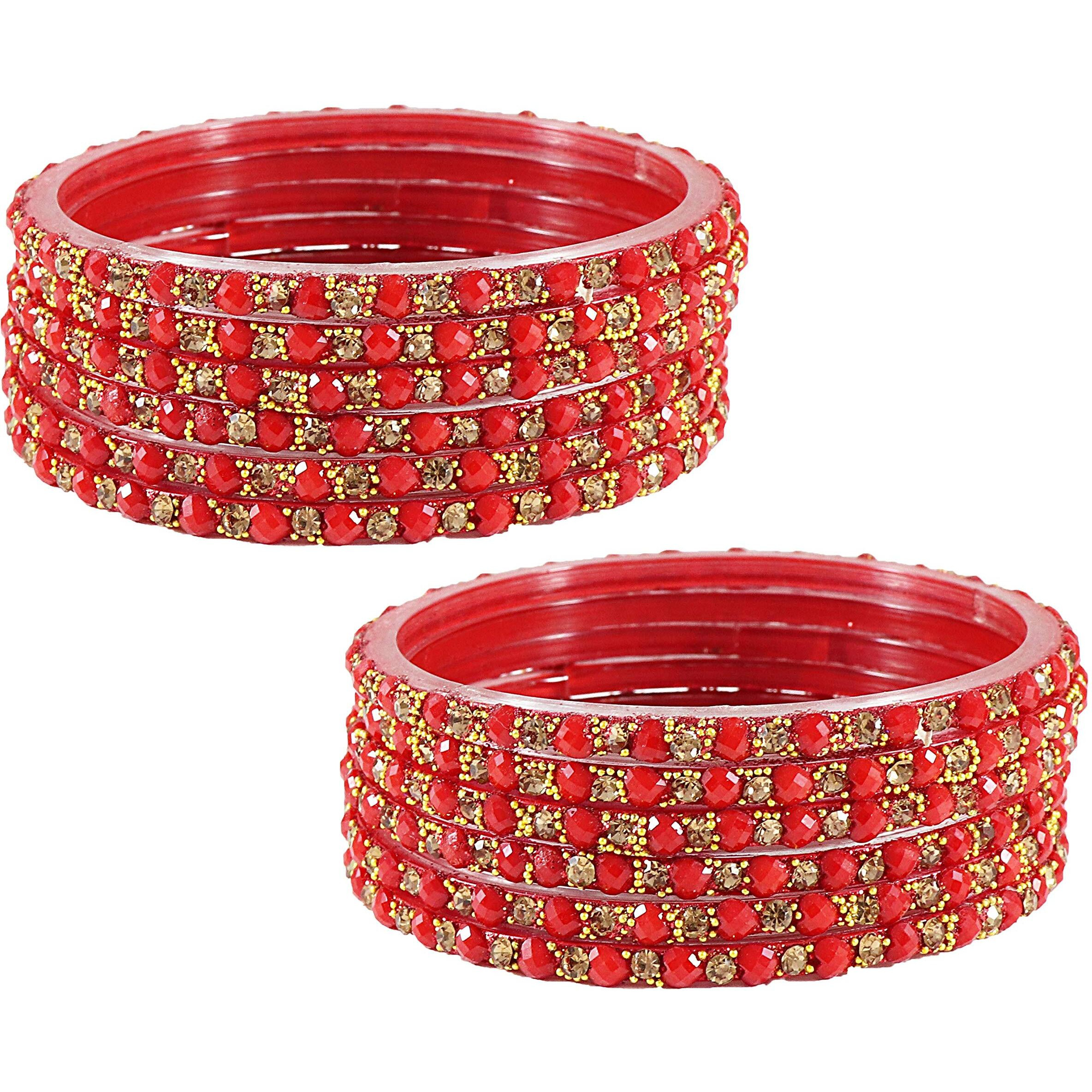 NMII Zircon Gemstone with Heart Shaped Beads and Golden Colour Balls Studded Glossy Finished Glass Kada Set For Women and Girls, (Red_2.8 Inches), Pack of 12 Kada Set