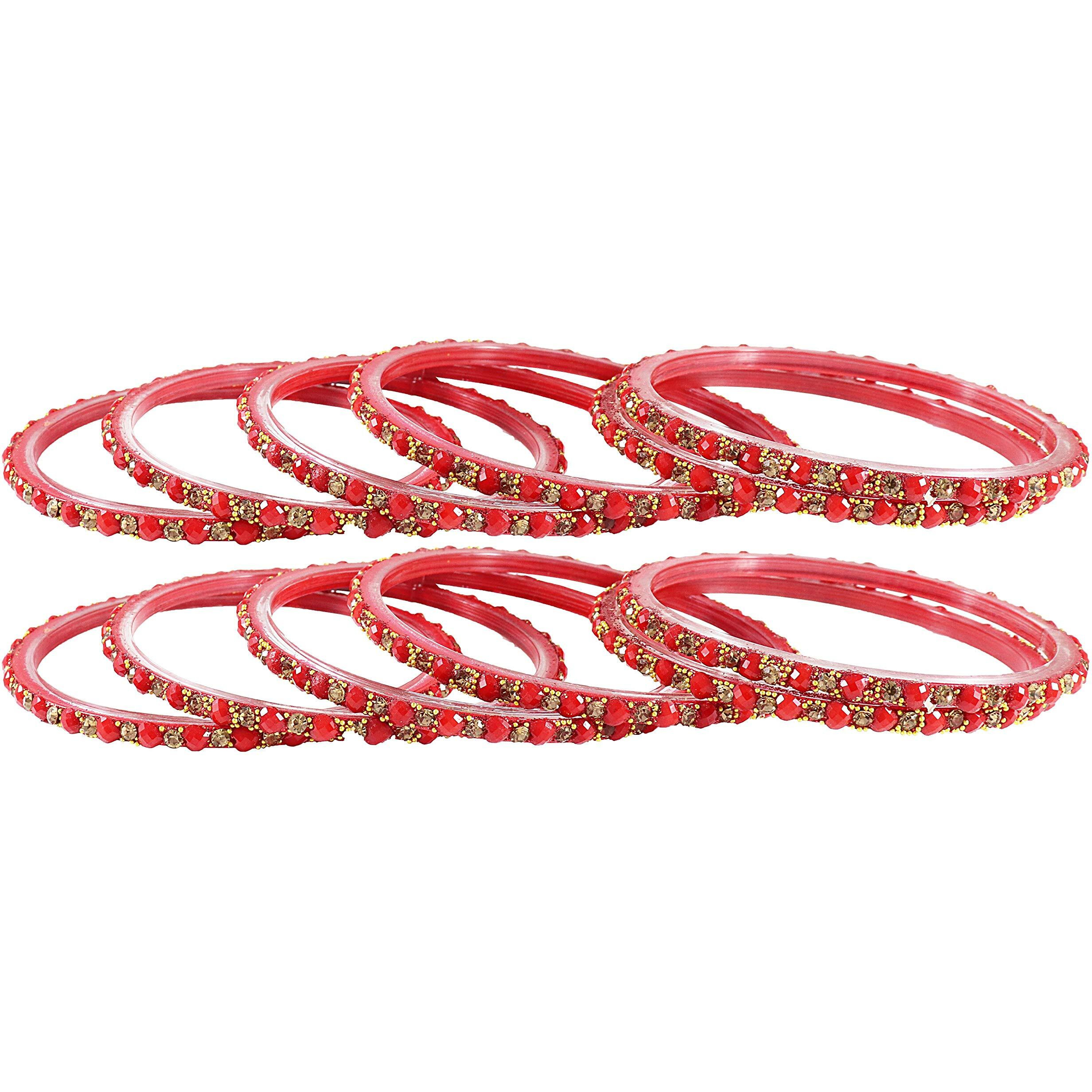 NMII Zircon Gemstone with Heart Shaped Beads and Golden Colour Balls Studded Glossy Finished Glass Kada Set For Women and Girls, (Red_2.8 Inches), Pack of 12 Kada Set