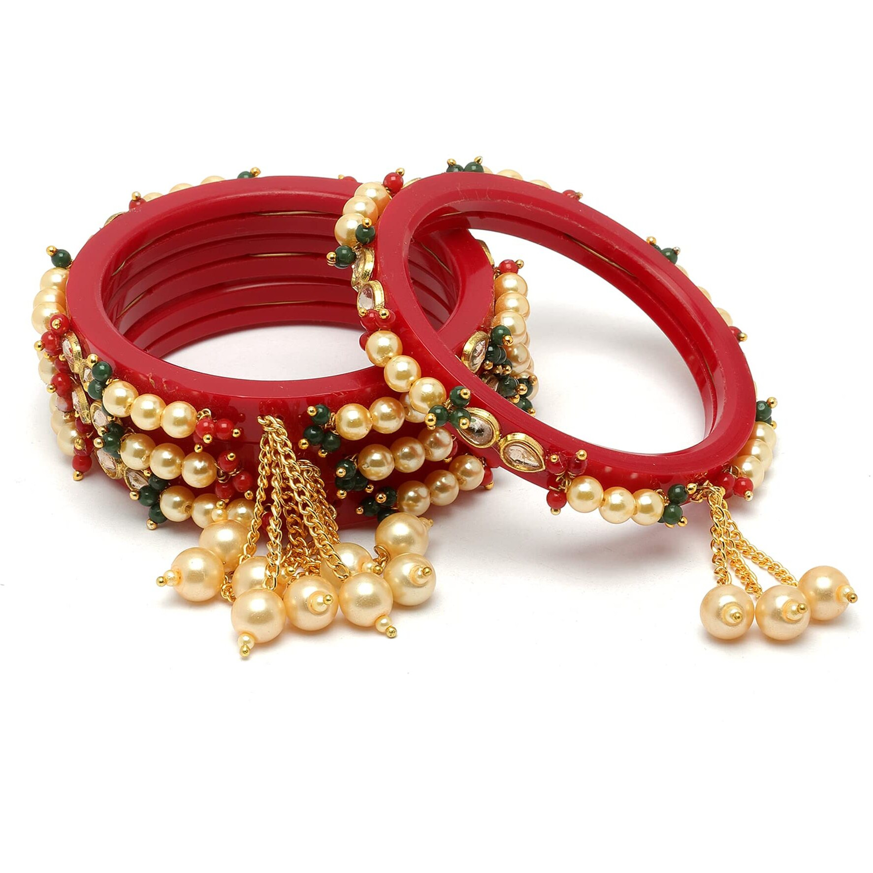 ZENEME Set Of 2 Bangles Gold-Plated White & Green Flower Engraved Handcrafted Non Allergic Jewellery for Women & Girls (Set Of 4, 2.4)