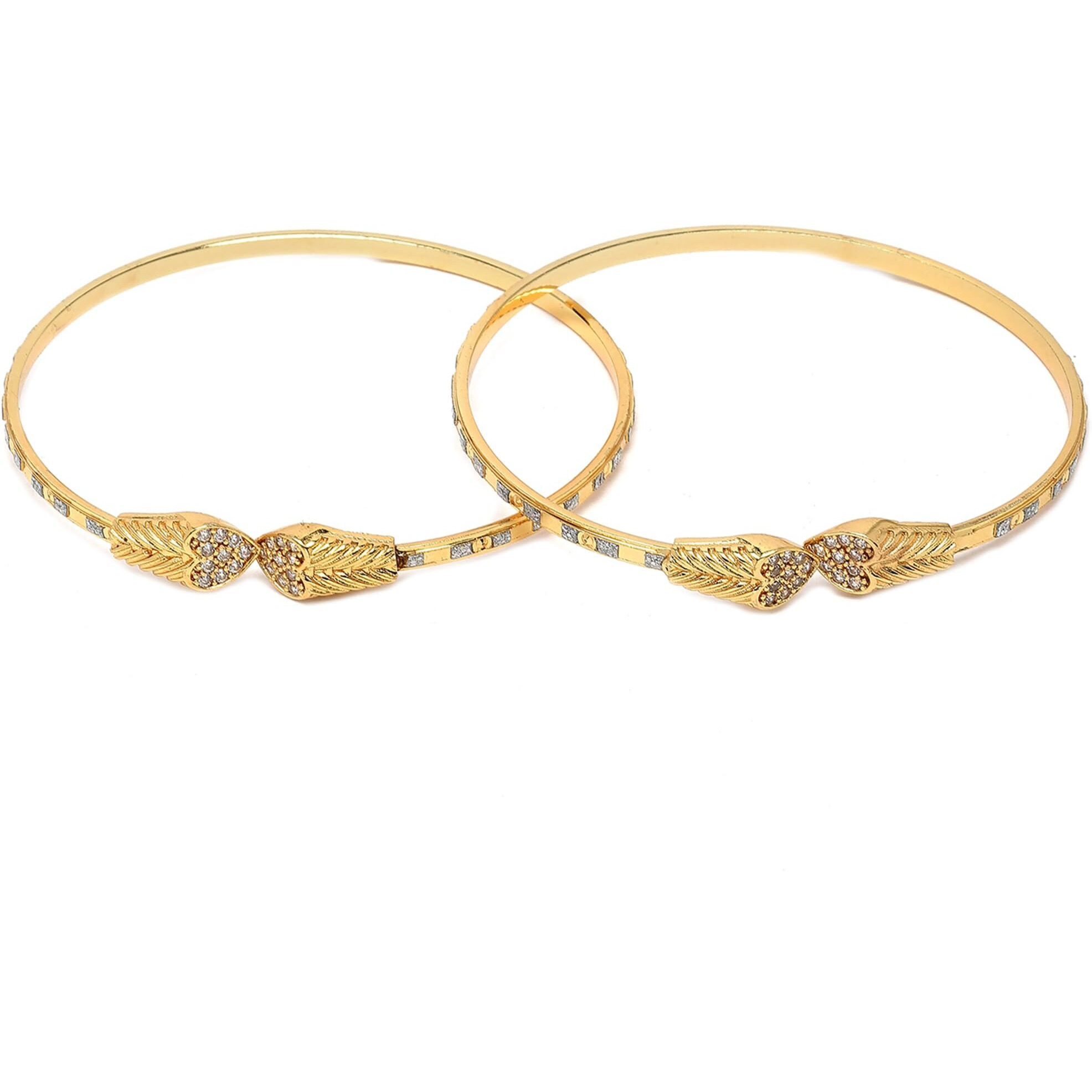 ZENEME Gold-Plated Heart Shaped Cubic Zriconia Studded Handcrafted Openable Kada Set of 2 Contemporary Bracelet Bangles for Women and Girls