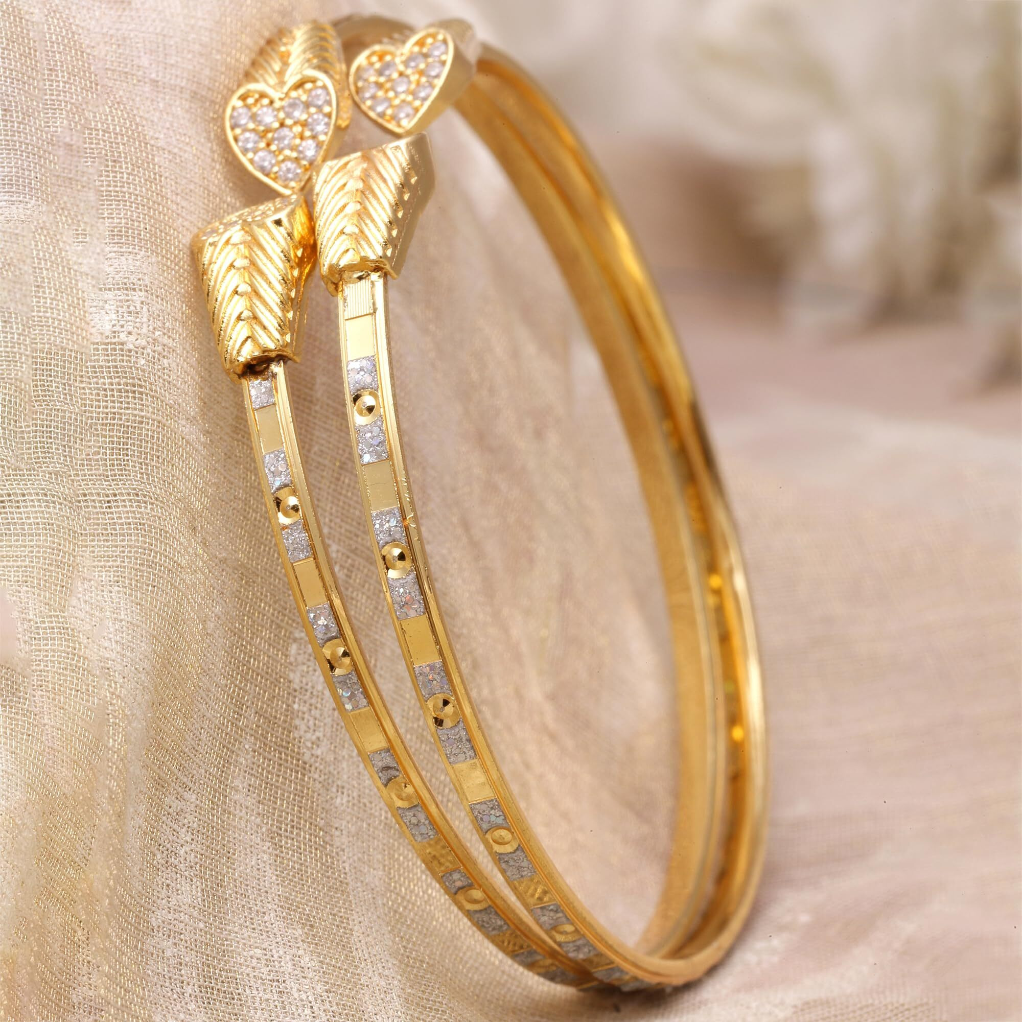 ZENEME Gold-Plated Heart Shaped Cubic Zriconia Studded Handcrafted Openable Kada Set of 2 Contemporary Bracelet Bangles for Women and Girls