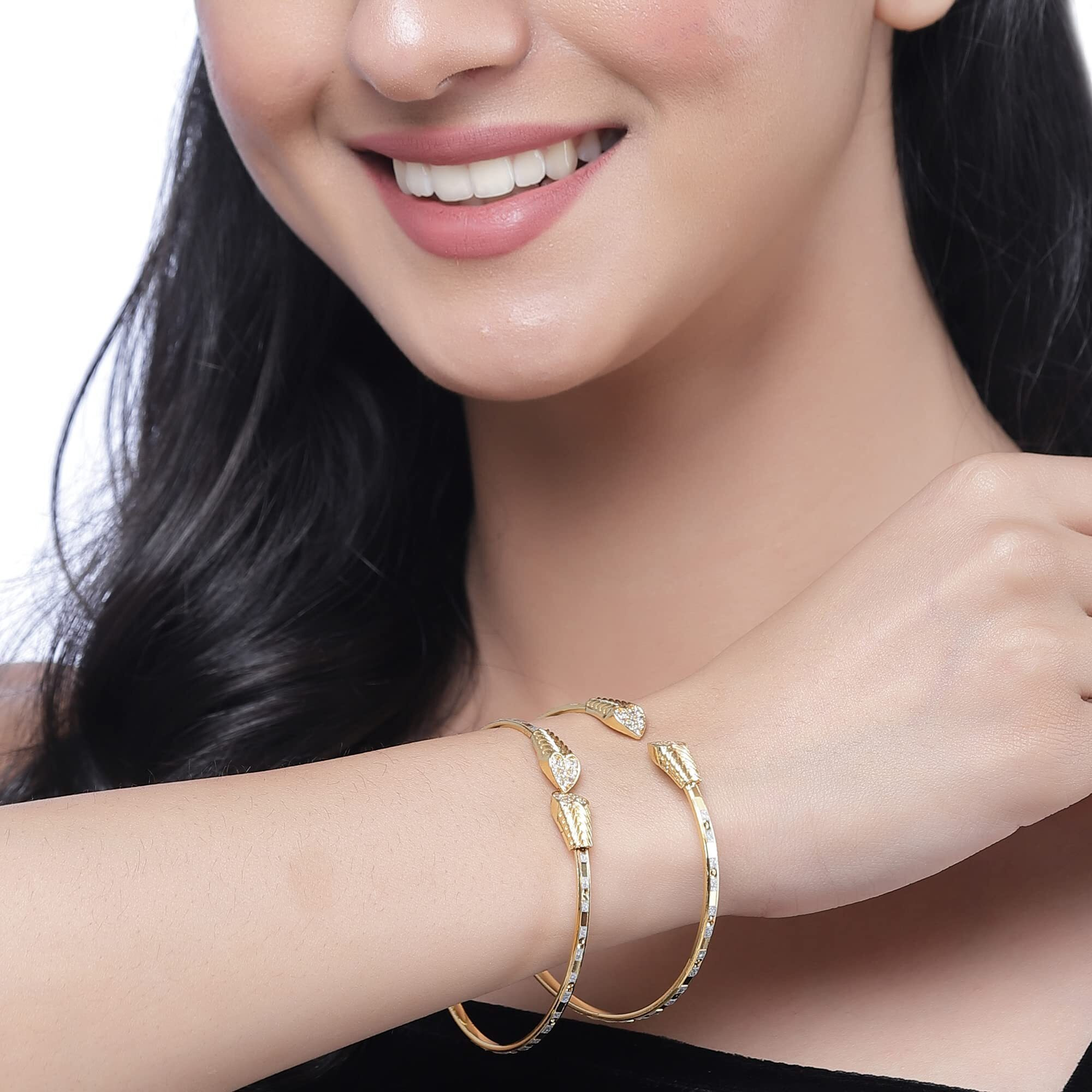 ZENEME Gold-Plated Heart Shaped Cubic Zriconia Studded Handcrafted Openable Kada Set of 2 Contemporary Bracelet Bangles for Women and Girls