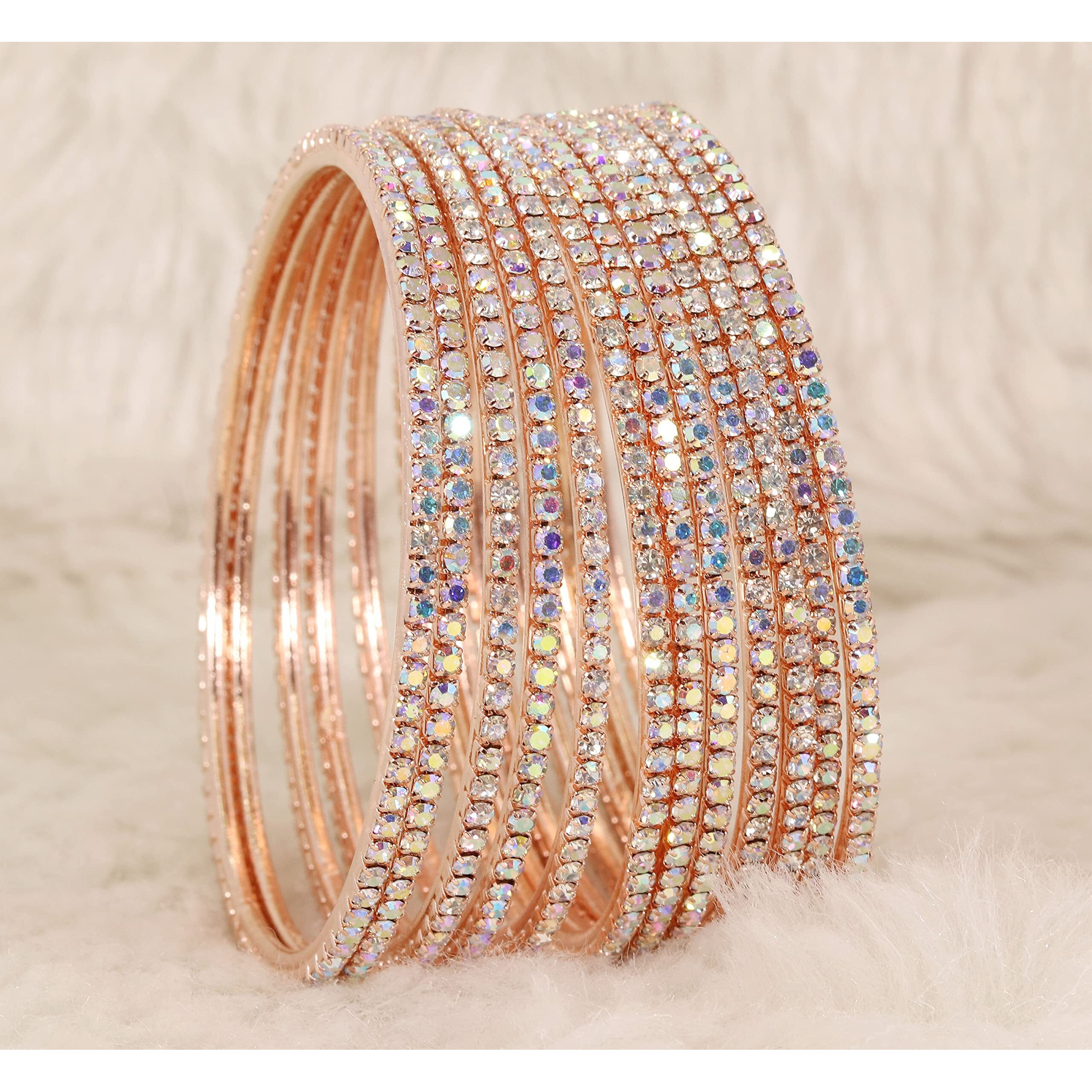 ZULKA Non-Precious Metal Base Metal with Zircon Gemstone Studded worked Glossy Finished Bangle Set For Women and Girls, (RoseGold-Rainbow_2.6 Inches), Pack Of 12 Bangle Set