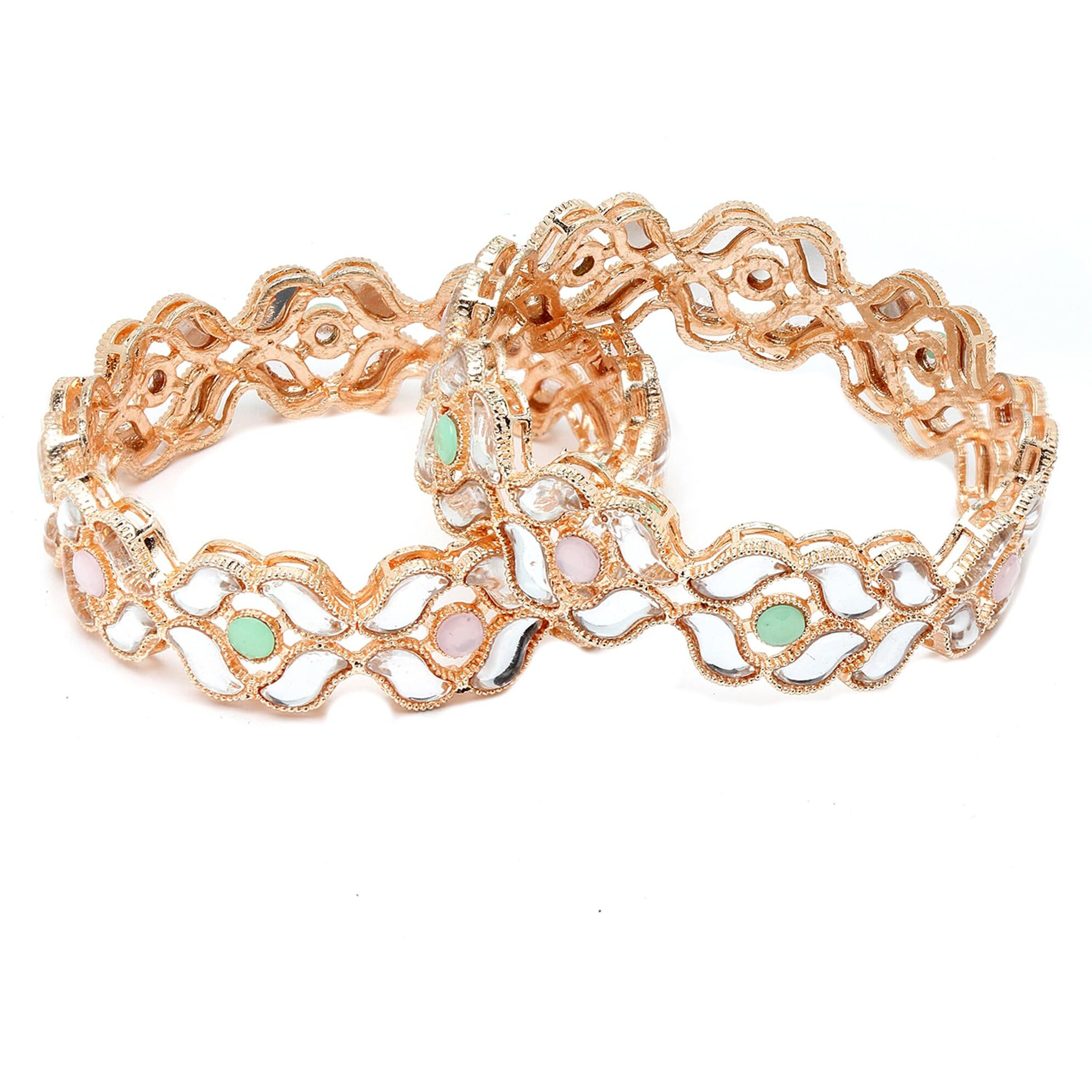 ZENEME Set of 2 Rose Gold-Plated Lime Green & Pink Artificial Stones studded Bangles for Women & Girls (2.4) (Style_02, 2.8 Inches)