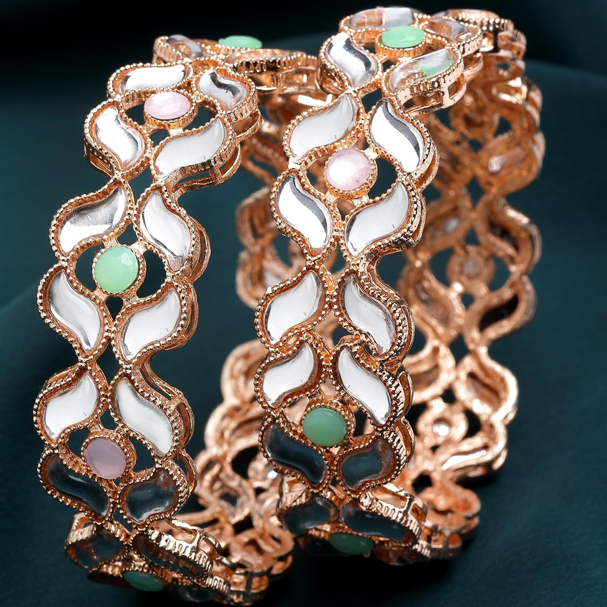 ZENEME Set of 2 Rose Gold-Plated Lime Green & Pink Artificial Stones studded Bangles for Women & Girls (2.4) (Style_02, 2.8 Inches)