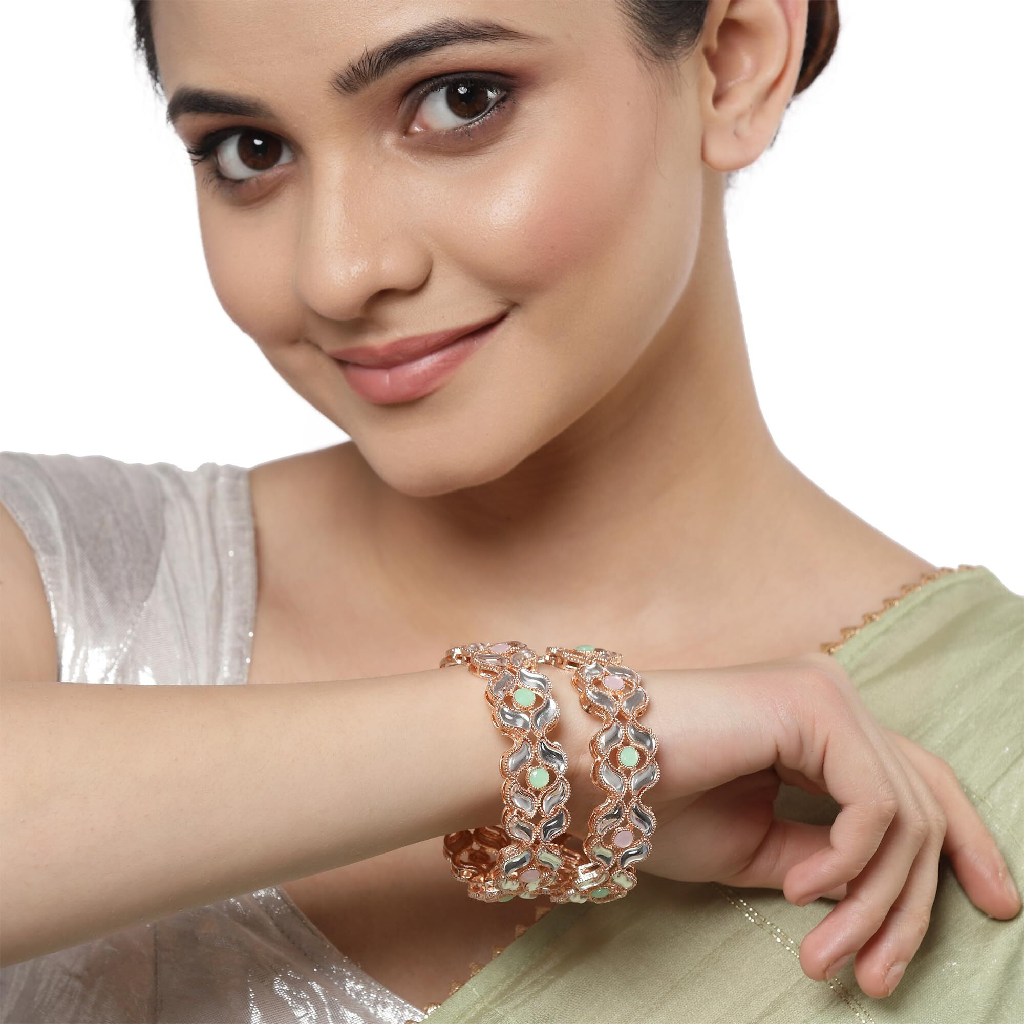 ZENEME Set of 2 Rose Gold-Plated Lime Green & Pink Artificial Stones studded Bangles for Women & Girls (2.4) (Style_02, 2.8 Inches)