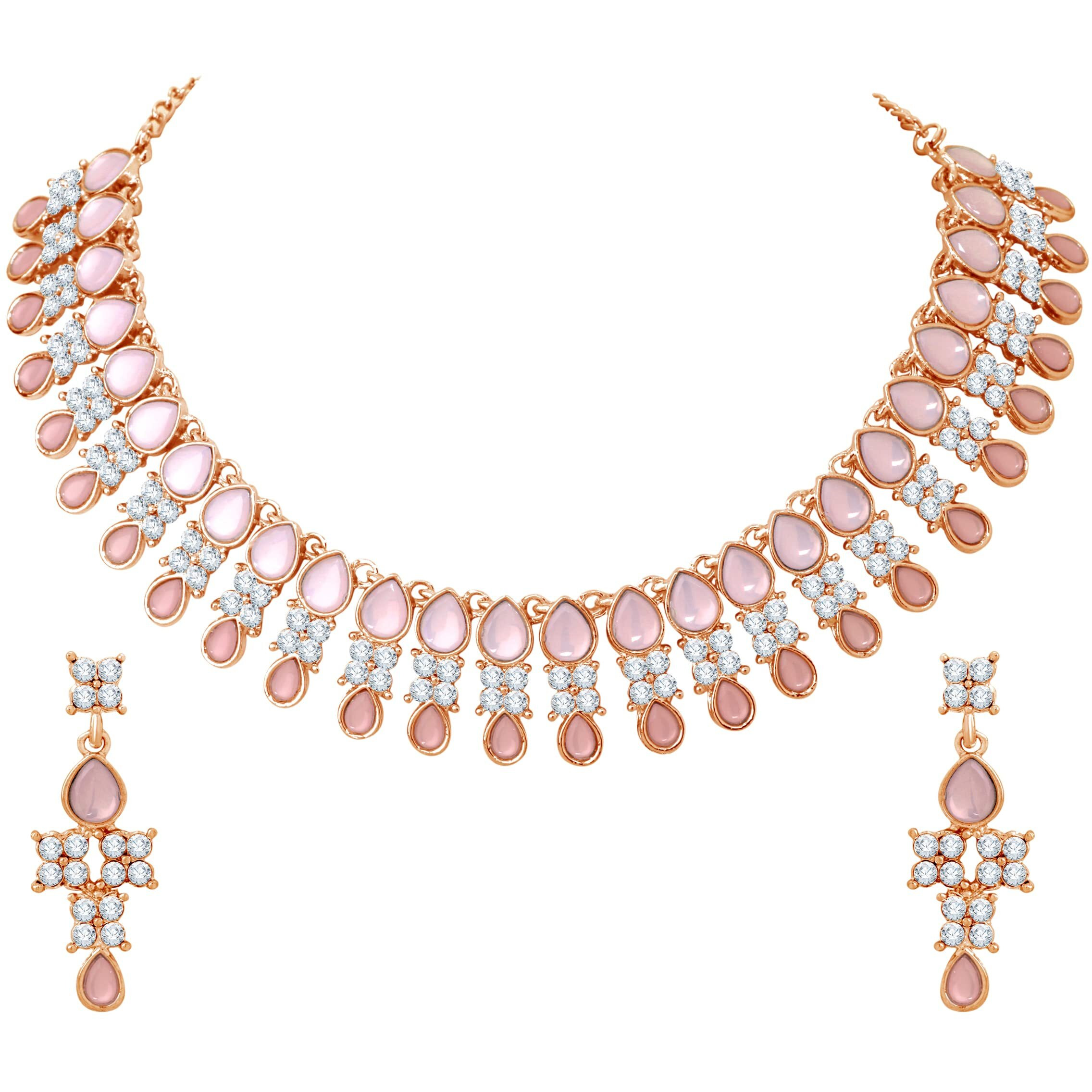 Atasi International Rose Gold Plated Pastel Pink Monlisa Stone Necklace with Earrings for Women - Jewellery Set for Party, Wedding Collection (RGMM5709)