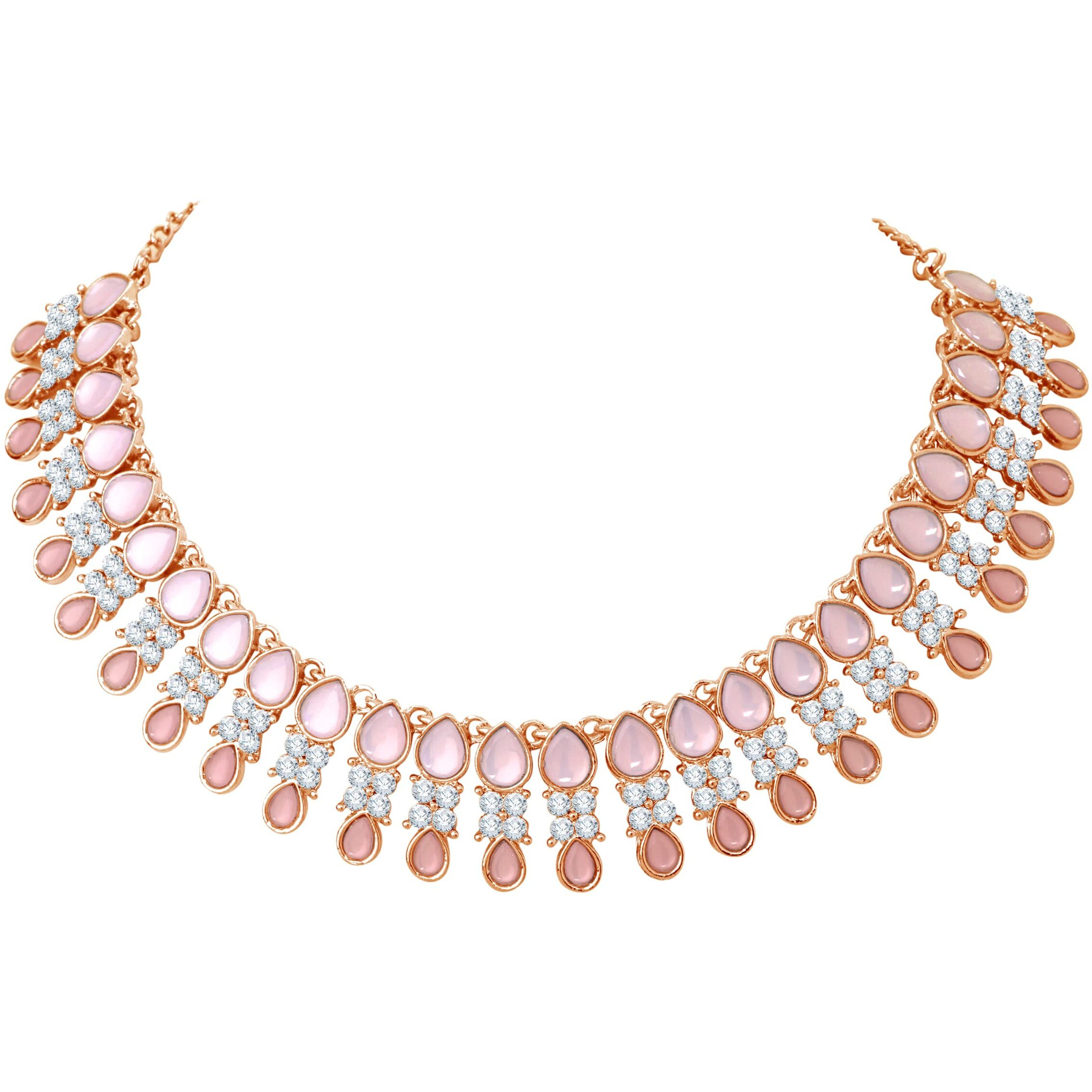 Atasi International Rose Gold Plated Pastel Pink Monlisa Stone Necklace with Earrings for Women - Jewellery Set for Party, Wedding Collection (RGMM5709)