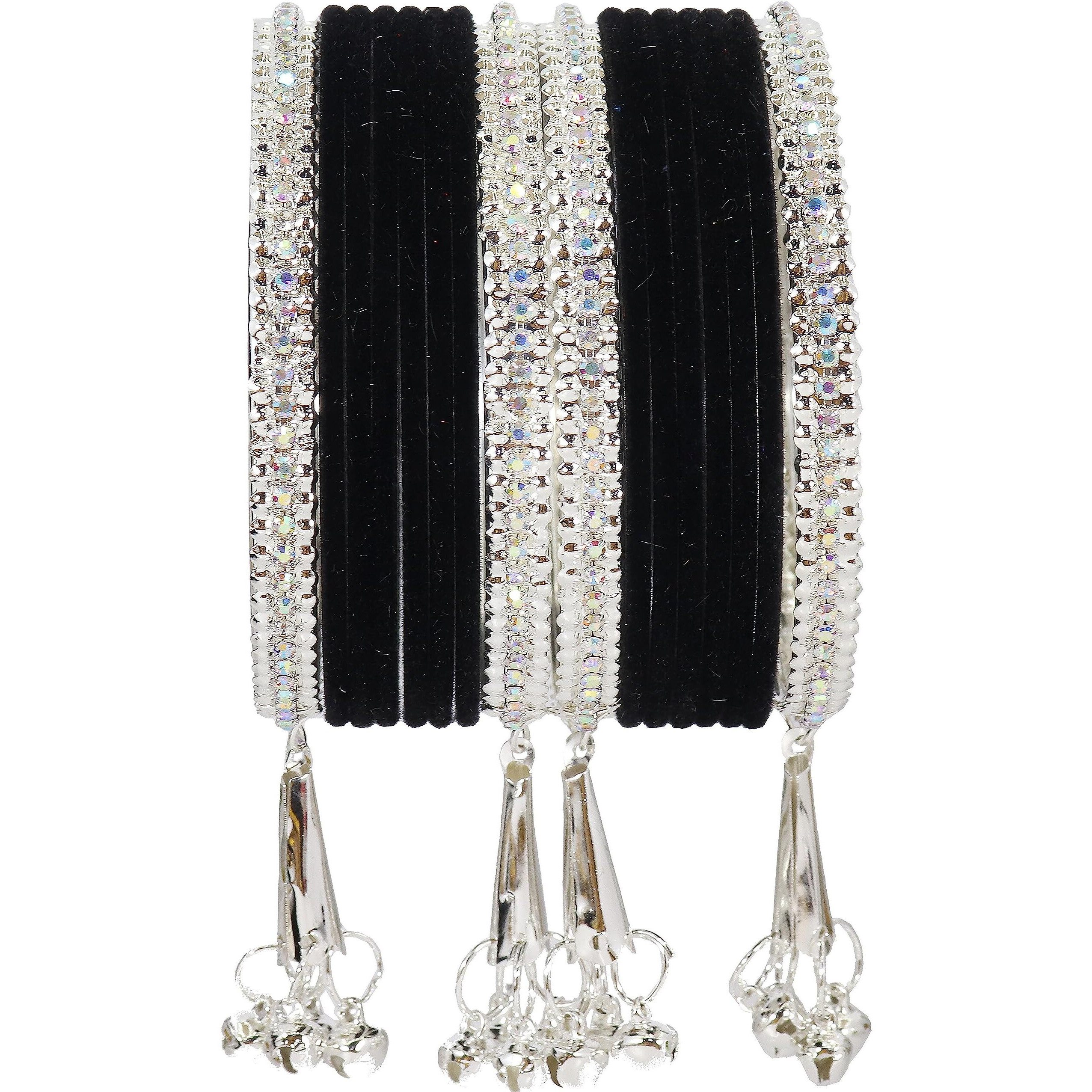 NMII Metal with Zircon Gemstone and Velvet Studded Bells Latkan Bangles Set For Girls and Women I Latkan Bangles, Premium Bangle Bracelet Set (Silver-Black-2.8 Inches), Pack Of 16