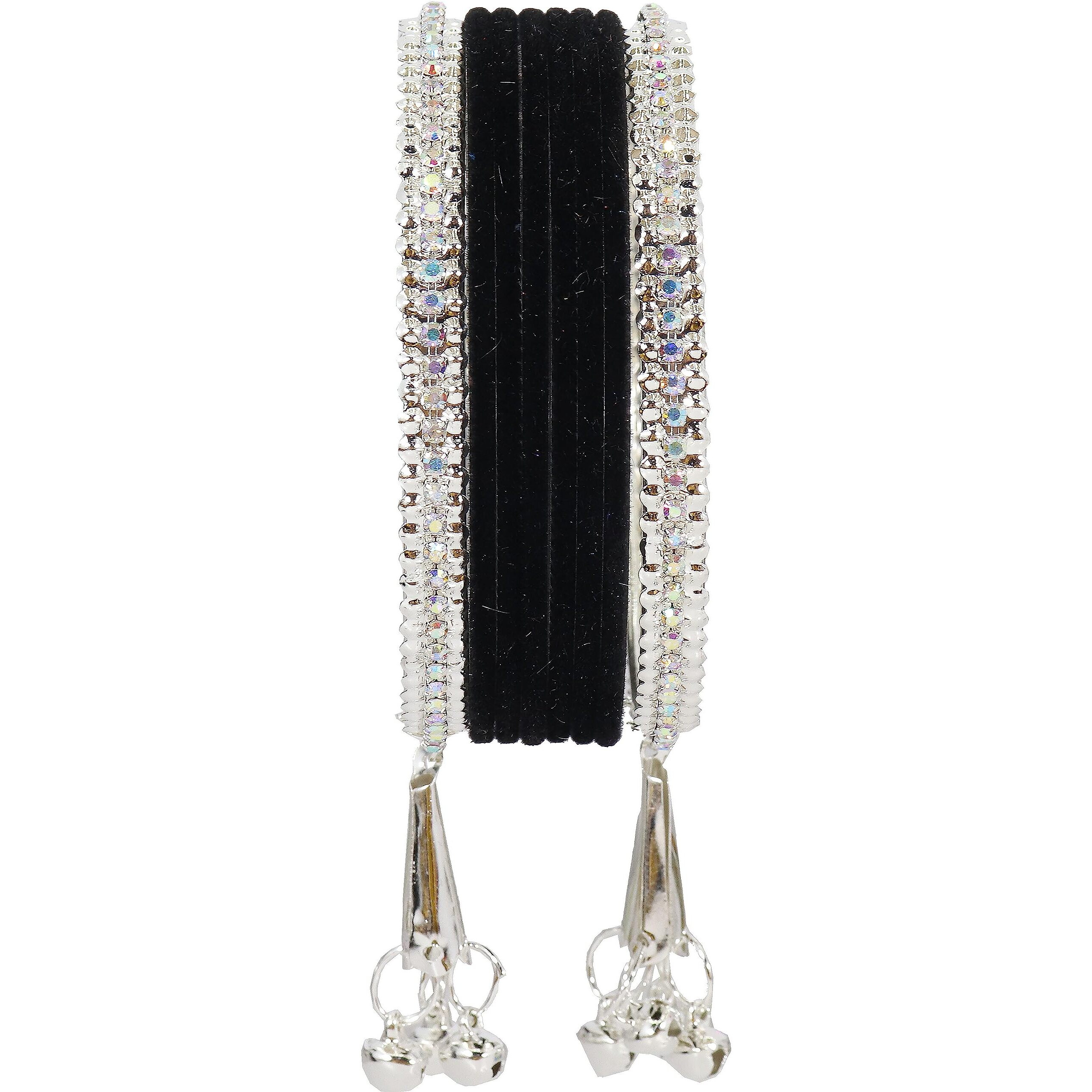 NMII Metal with Zircon Gemstone and Velvet Studded Bells Latkan Bangles Set For Girls and Women I Latkan Bangles, Premium Bangle Bracelet Set (Silver-Black-2.8 Inches), Pack Of 16