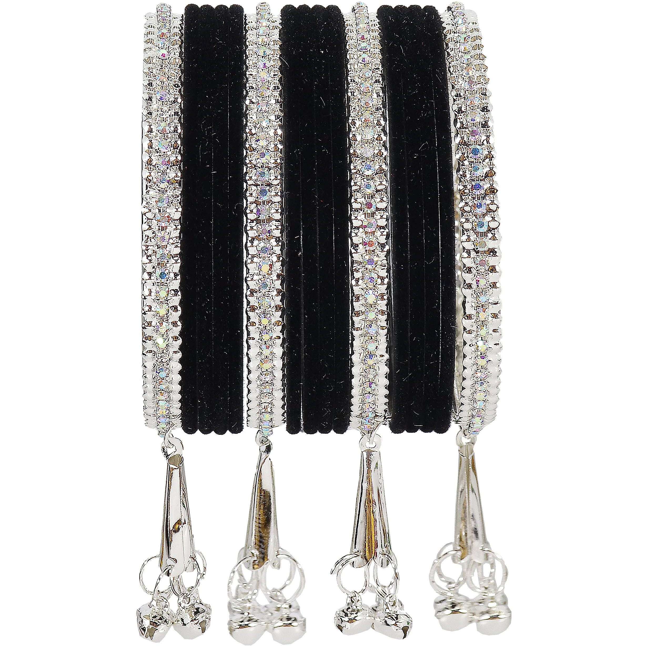 NMII Metal with Zircon Gemstone and Velvet Studded Bells Latkan Bangles Set For Girls and Women I Latkan Bangles, Premium Bangle Bracelet Set (Silver-Black-2.8 Inches), Pack Of 16