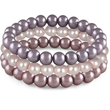 JFL - Jewellery for Less Combo of 8mm Faux Pearl 3 Stretchable Bracelets Handcrafted for Women and Girls.(Combo of 3)(light Grey,Baby pink,Misty Lilac (light purple)),Valentine