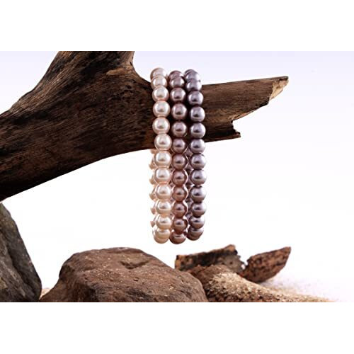 JFL - Jewellery for Less Combo of 8mm Faux Pearl 3 Stretchable Bracelets Handcrafted for Women and Girls.(Combo of 3)(light Grey,Baby pink,Misty Lilac (light purple)),Valentine