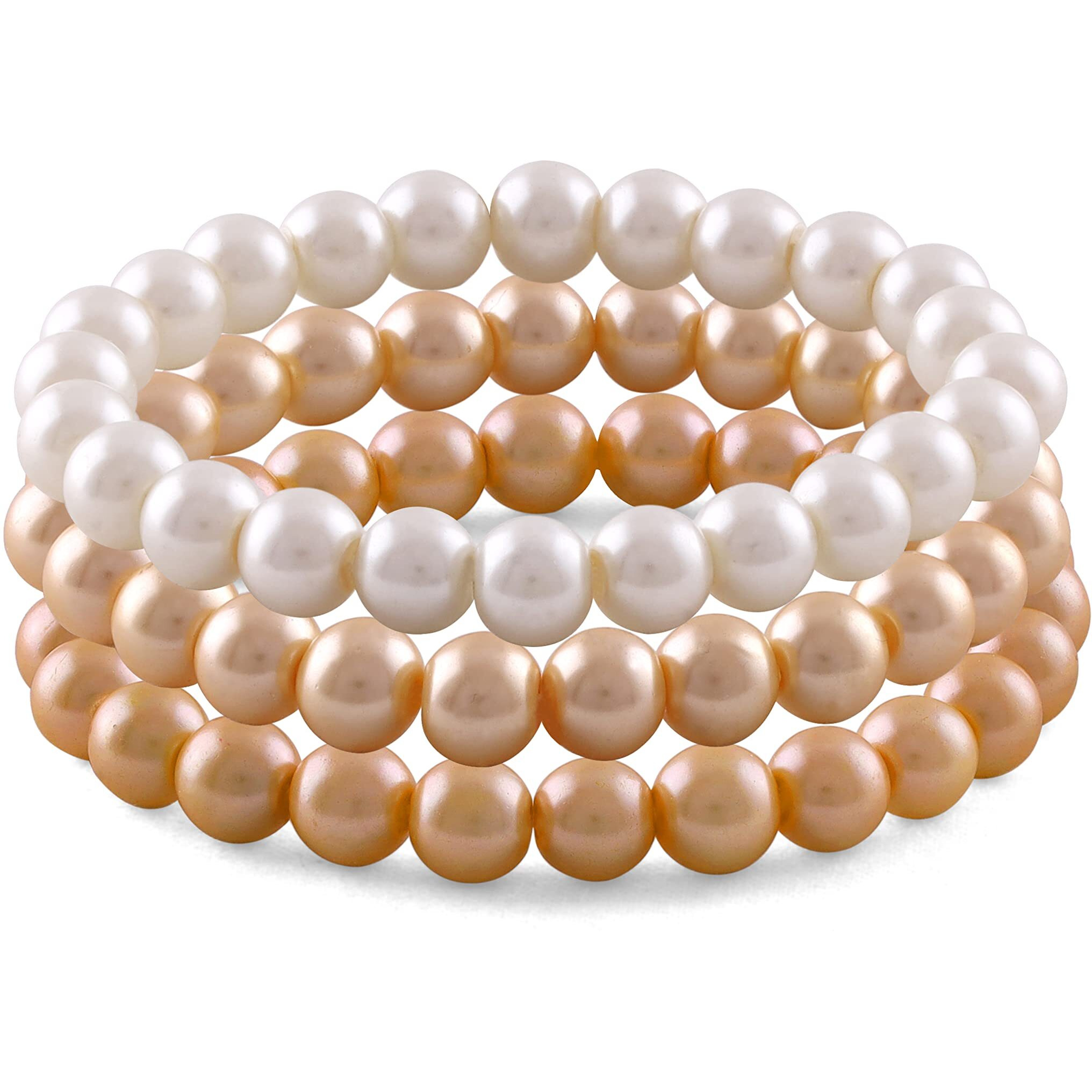 JFL - Jewellery for Less Combo of 8mm Faux Pearl 3 Stretchable Bracelets Handcrafted for Women and Girls (Combo of 3)(Off White, Cream Gold, Light Gold),Valentine