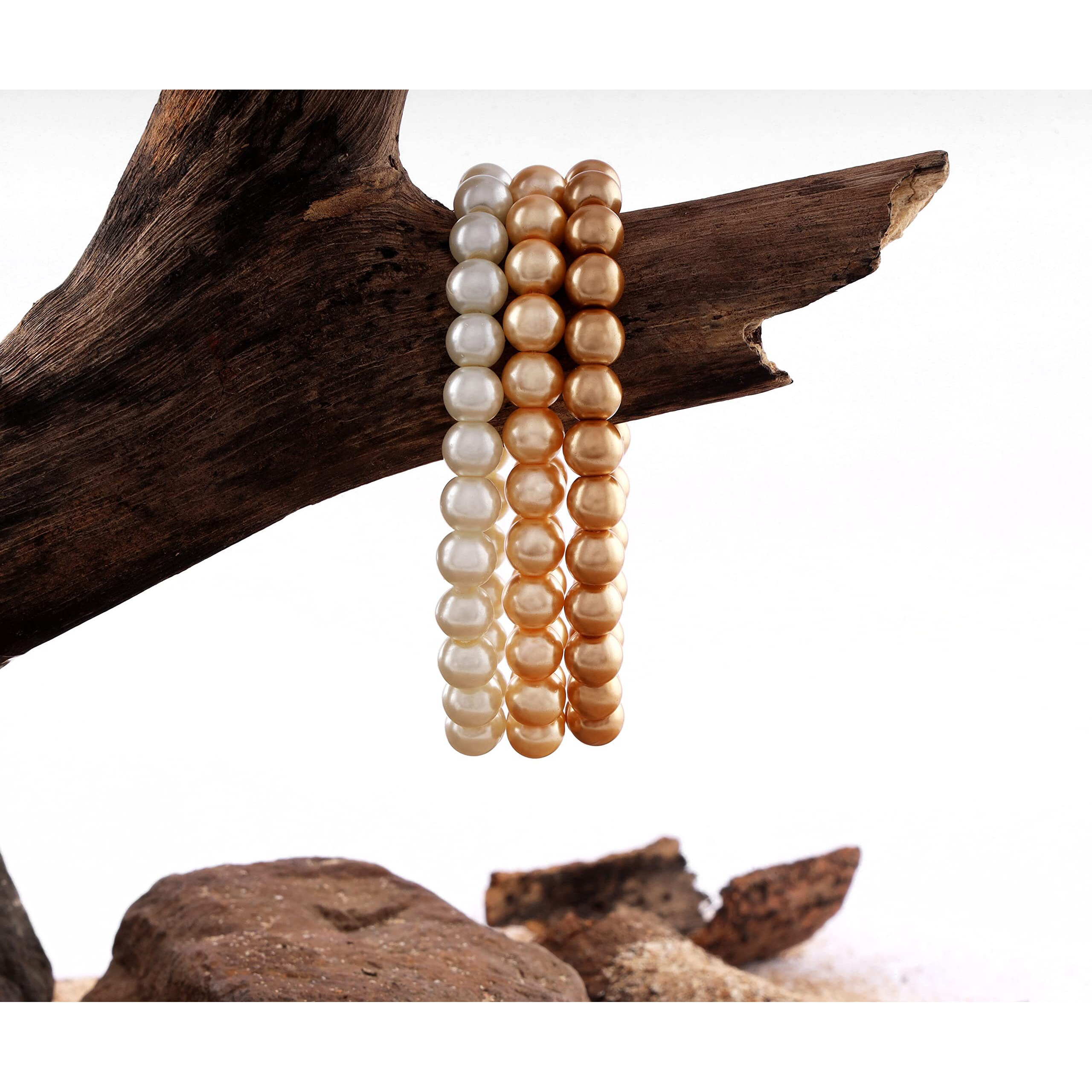JFL - Jewellery for Less Combo of 8mm Faux Pearl 3 Stretchable Bracelets Handcrafted for Women and Girls (Combo of 3)(Off White, Cream Gold, Light Gold),Valentine