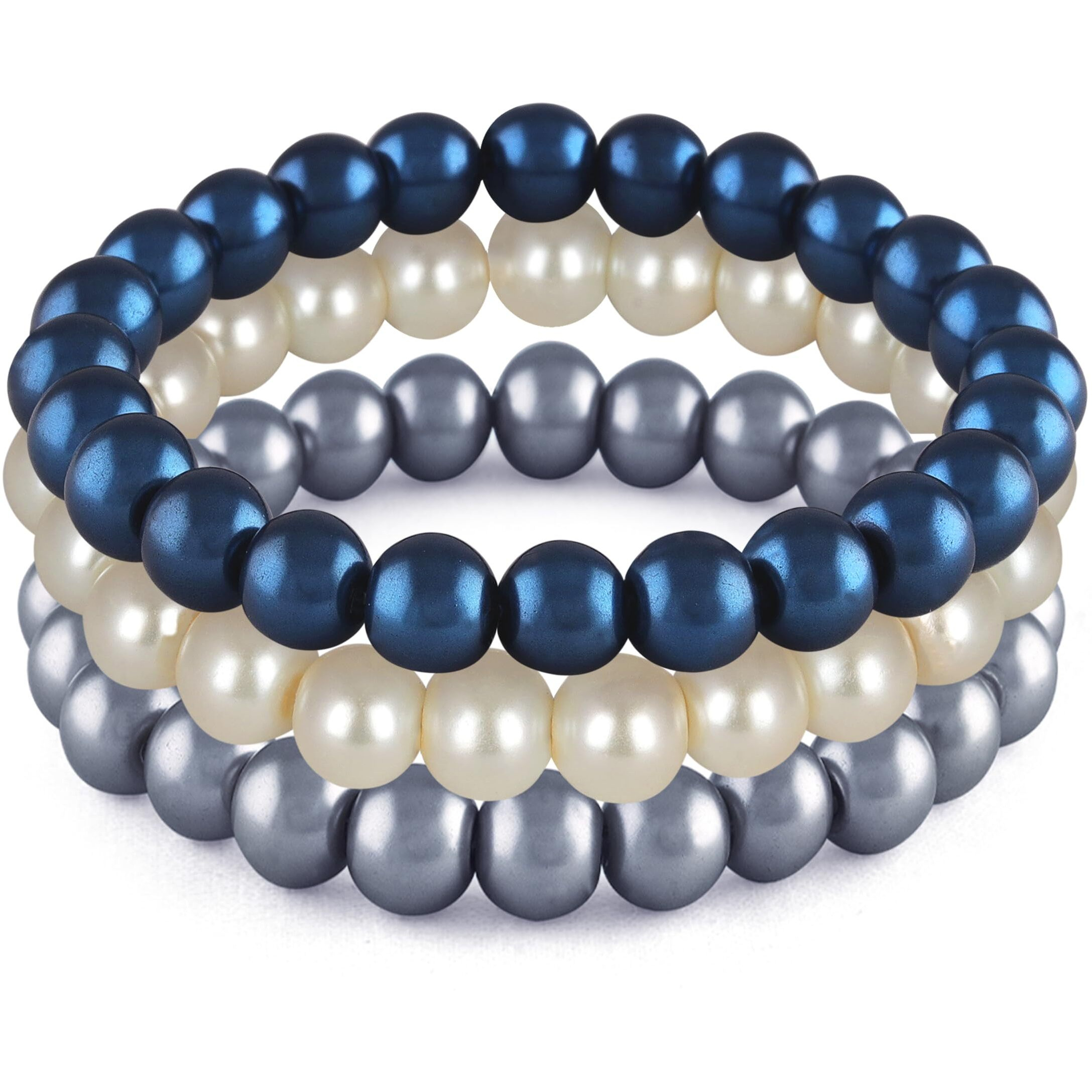 JFL - Jewellery for Less Combo of 8mm Faux Pearl 3 Stretchable Bracelets Handcrafted for Women and Girls(Combo of 3)(Light Grey, Metallic Blue,Off White),Valentine