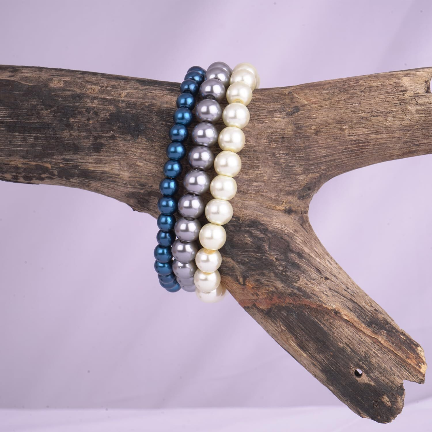 JFL - Jewellery for Less Combo of 8mm Faux Pearl 3 Stretchable Bracelets Handcrafted for Women and Girls(Combo of 3)(Light Grey, Metallic Blue,Off White),Valentine