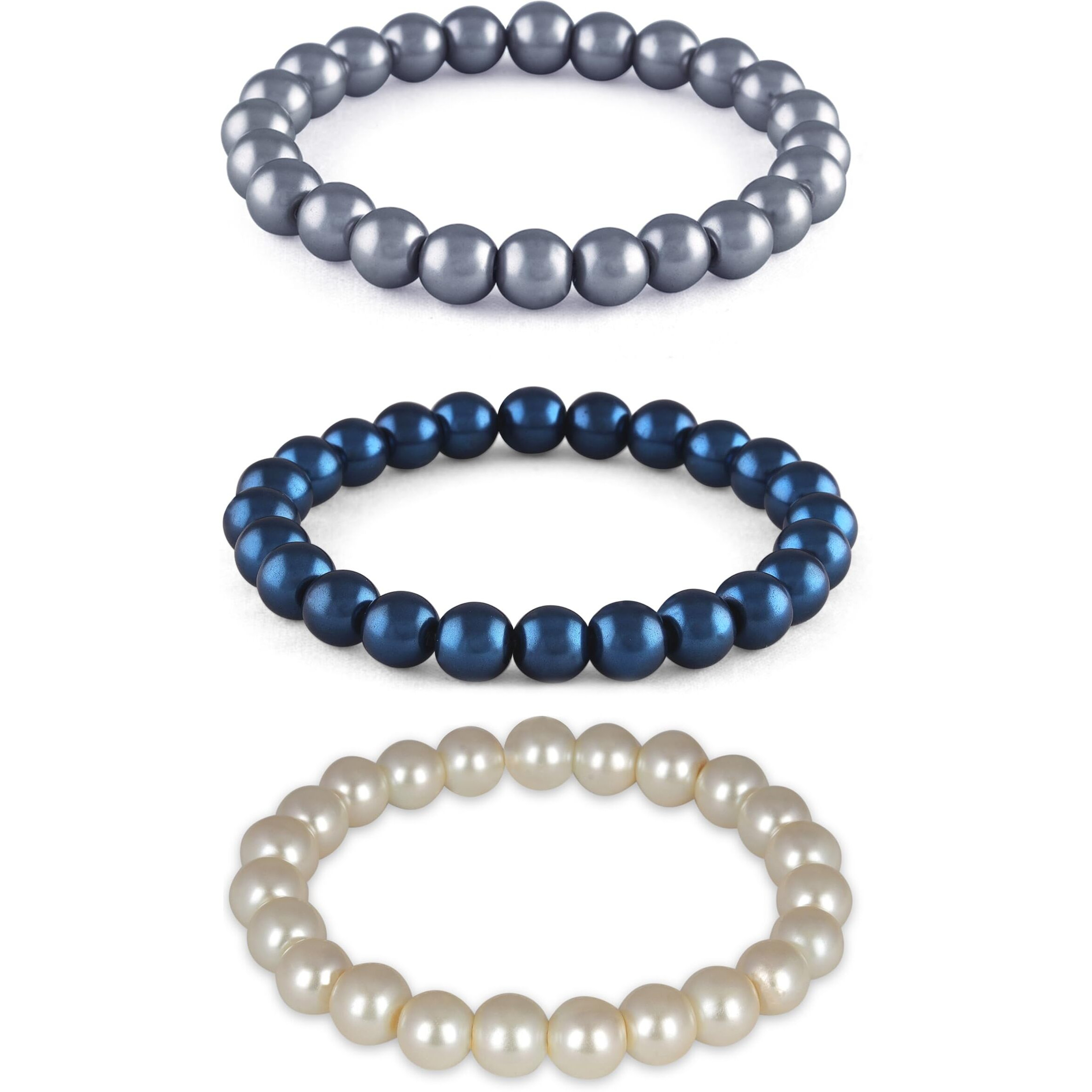 JFL - Jewellery for Less Combo of 8mm Faux Pearl 3 Stretchable Bracelets Handcrafted for Women and Girls(Combo of 3)(Light Grey, Metallic Blue,Off White),Valentine