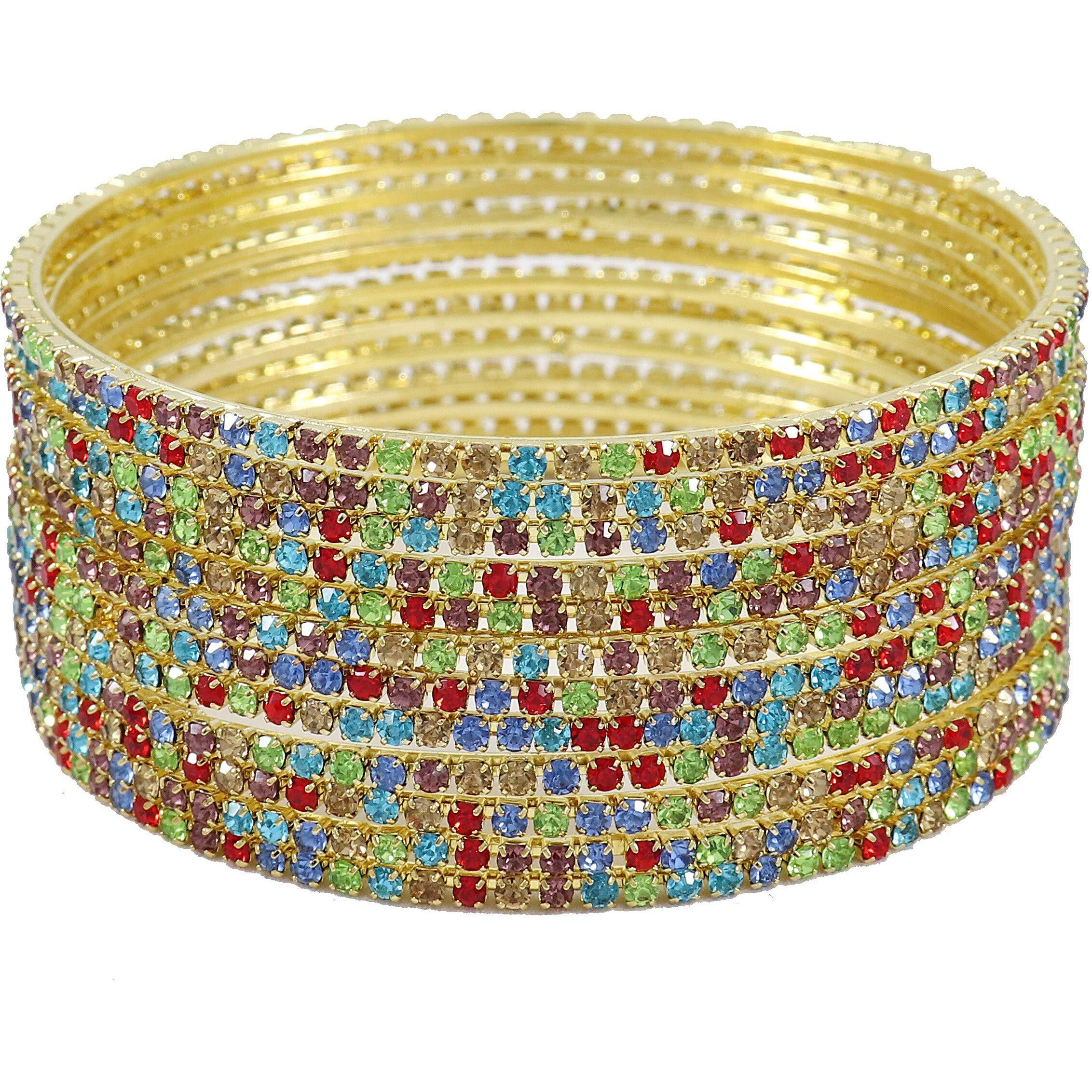 ZULKA Non-Precious Metal Base Metal with Zircon Gemstone Studded worked Glossy Finished Bangle Set For Women and Girls, (MultiColour_2.8 Inches), Pack Of 12 Bangle Set