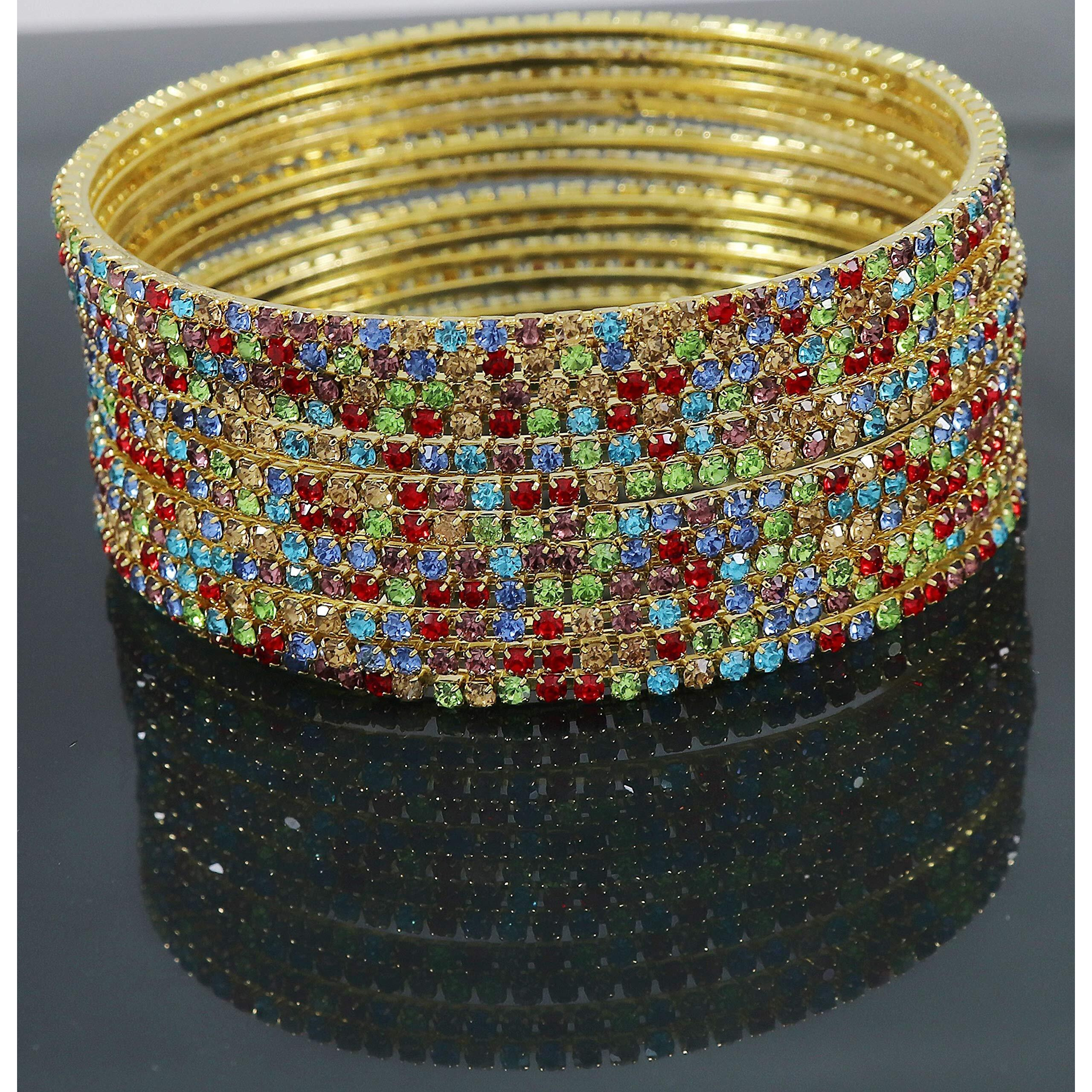ZULKA Non-Precious Metal Base Metal with Zircon Gemstone Studded worked Glossy Finished Bangle Set For Women and Girls, (MultiColour_2.8 Inches), Pack Of 12 Bangle Set