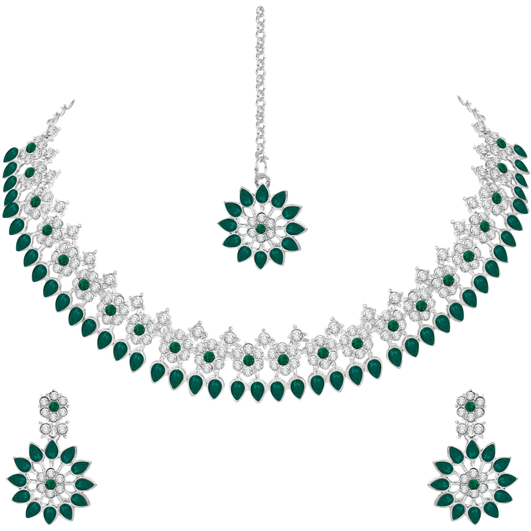 Atasi International Silver Green Crystals Jewellery Set with Earrings and Maang Tikka for Women - Suited for Party, Wedding, Engagement (RDG5744)