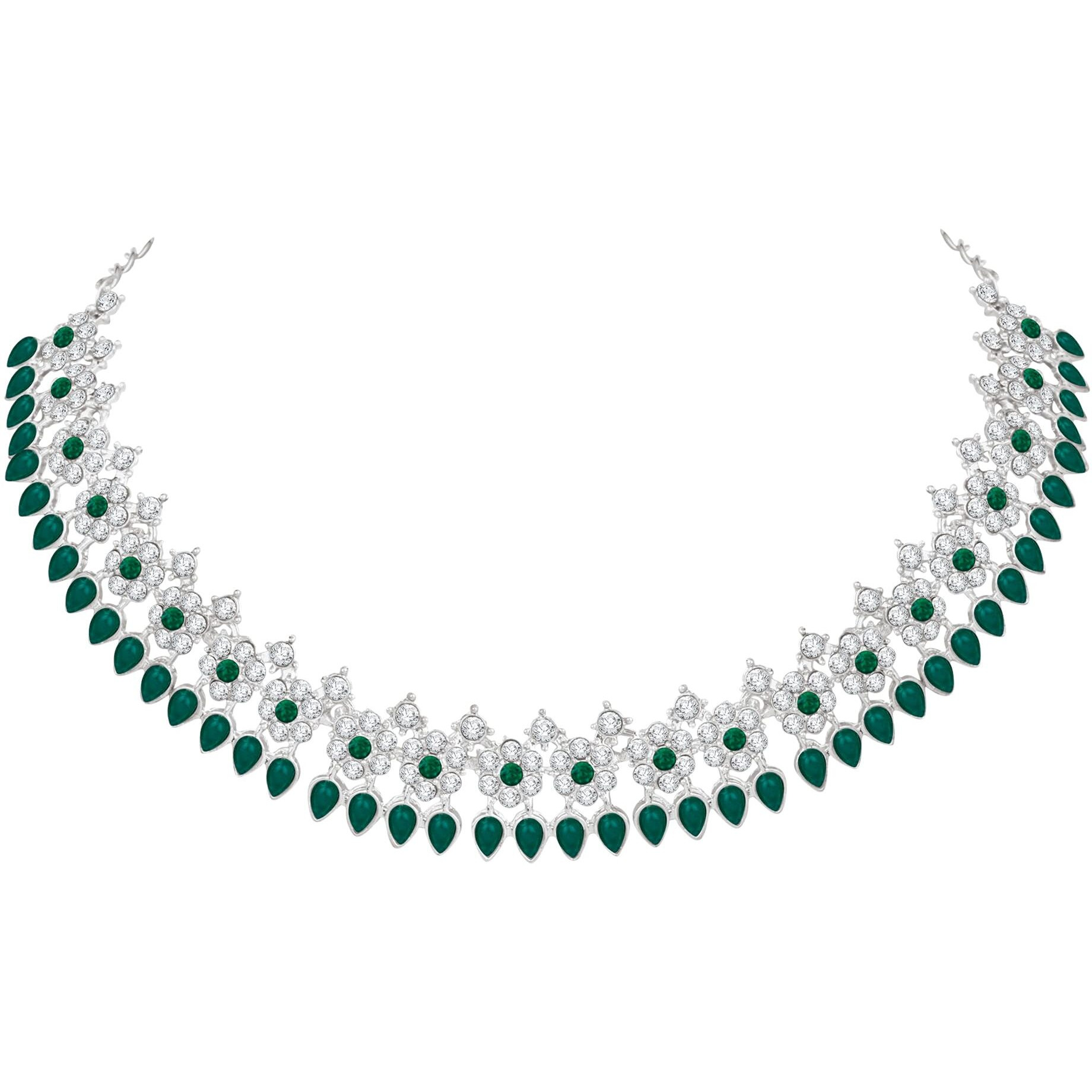 Atasi International Silver Green Crystals Jewellery Set with Earrings and Maang Tikka for Women - Suited for Party, Wedding, Engagement (RDG5744)