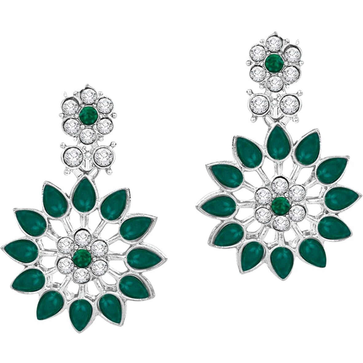 Atasi International Silver Green Crystals Jewellery Set with Earrings and Maang Tikka for Women - Suited for Party, Wedding, Engagement (RDG5744)