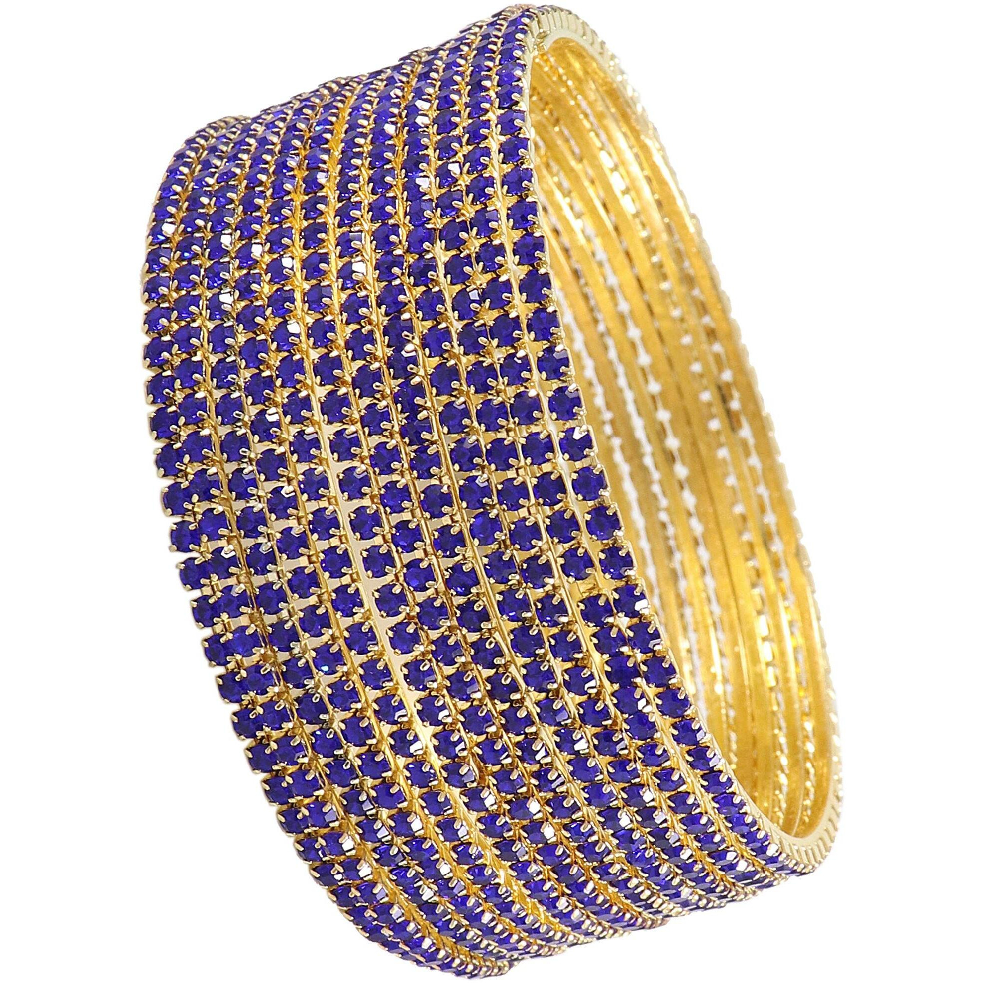 ZULKA Non-Precious Metal Base Metal with Zircon Gemstone Studded worked Glossy Finished Bangle Set For Women and Girls, (Blue_2.2 Inches), Pack Of 12 Bangle Set