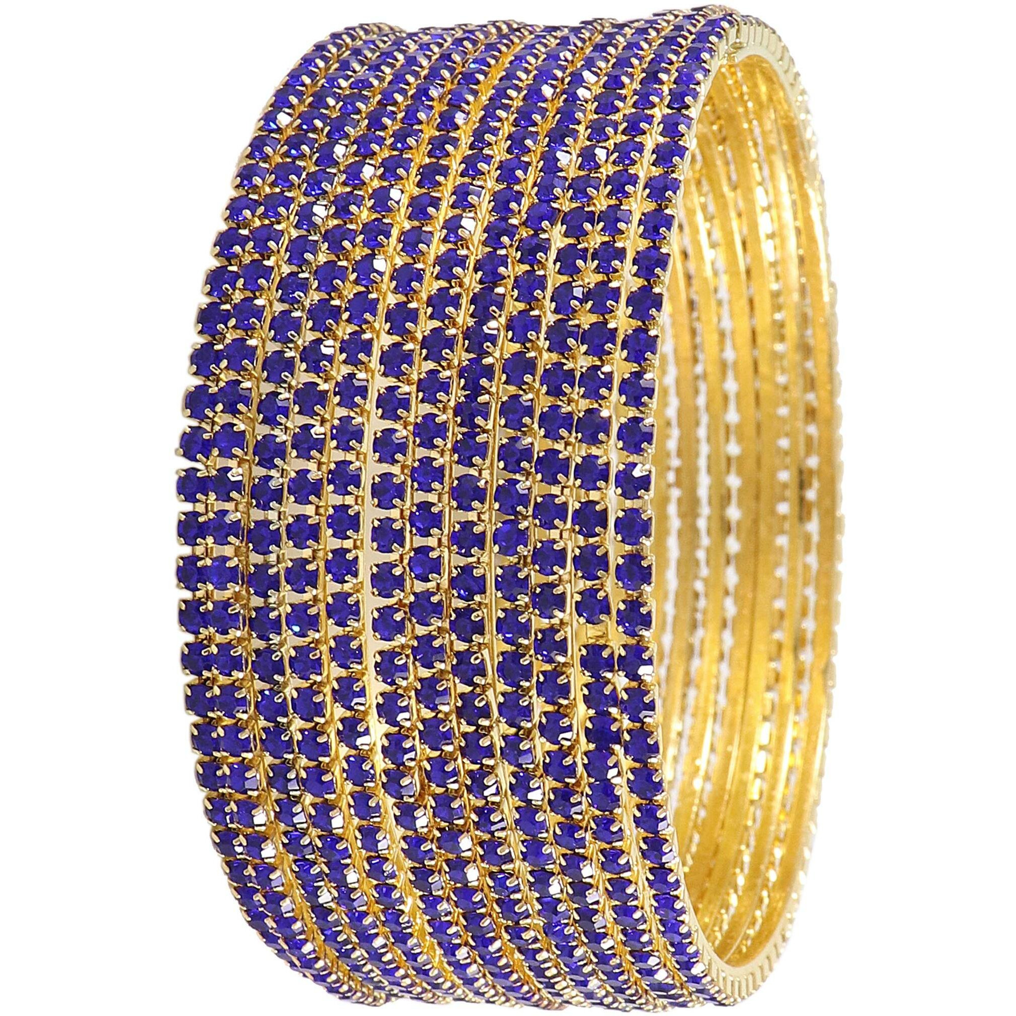 ZULKA Non-Precious Metal Base Metal with Zircon Gemstone Studded worked Glossy Finished Bangle Set For Women and Girls, (Blue_2.2 Inches), Pack Of 12 Bangle Set