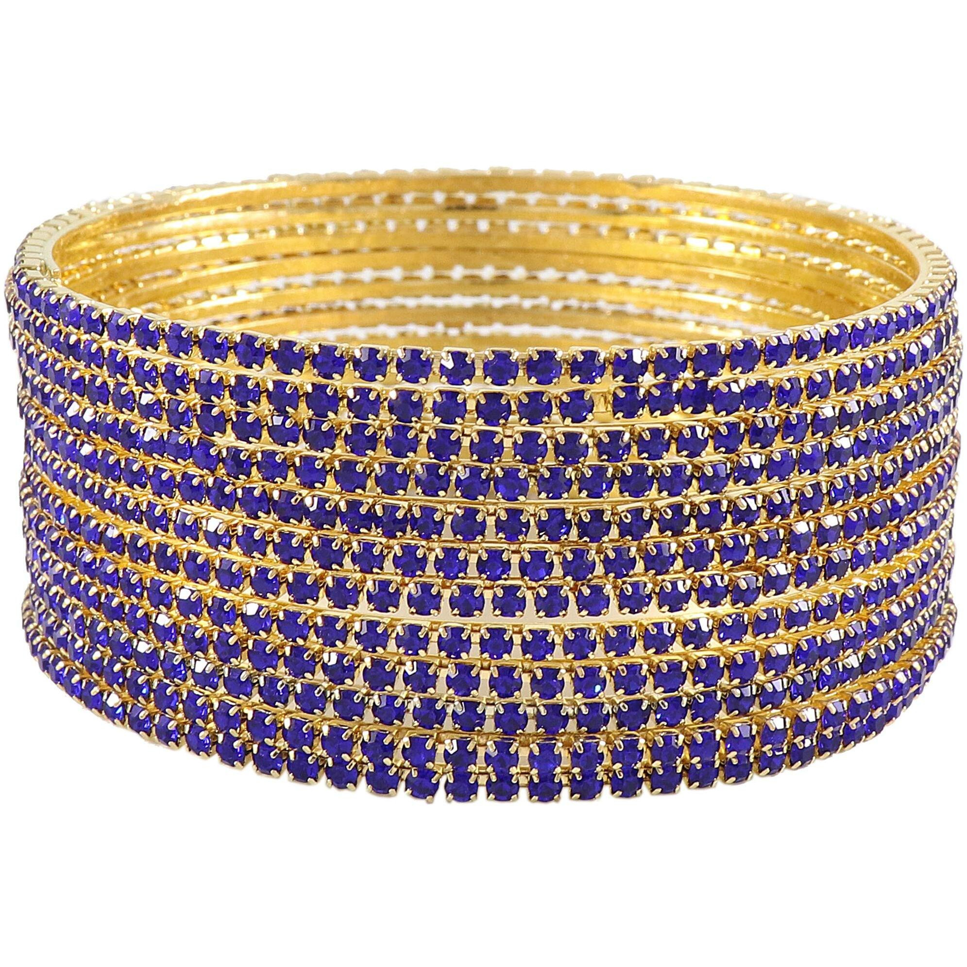 ZULKA Non-Precious Metal Base Metal with Zircon Gemstone Studded worked Glossy Finished Bangle Set For Women and Girls, (Blue_2.2 Inches), Pack Of 12 Bangle Set