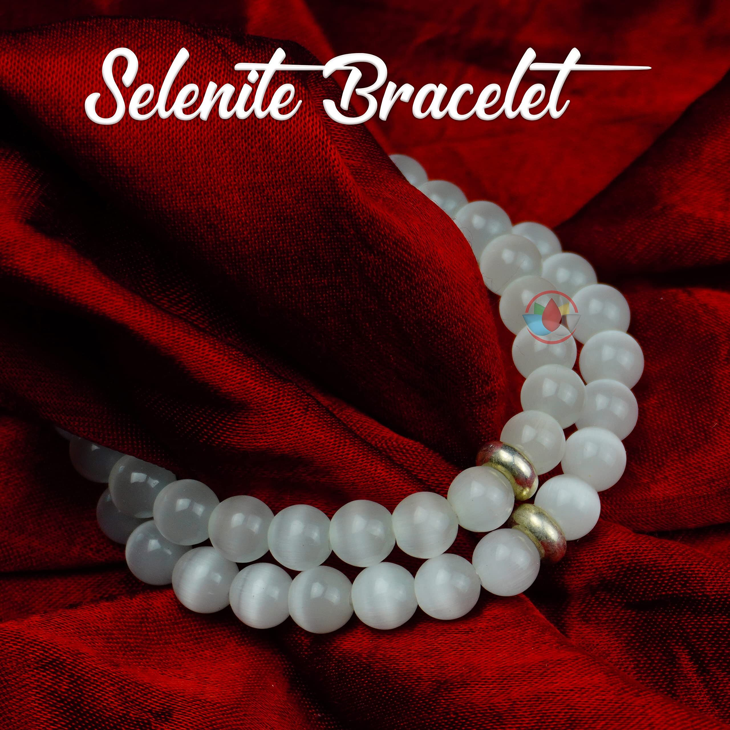 REMEDYWALA Charged Energized Certified Selenite Bracelet For Reiki, Balance Chakra, Positive Energy, Healing|Selenite Stone Bracelet 8 Mm|8Mm Gemstones Round Beads Stretchable Bracelet For Men & Women