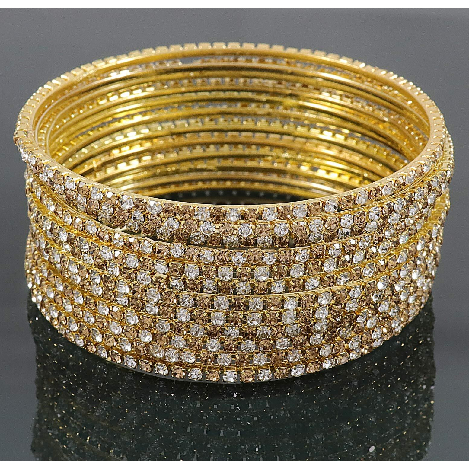 ZULKA Non-Precious Metal Base Metal with Zircon Gemstone Studded worked Glossy Finished Bangle Set For Women and Girls, (Golden-Silver_2.4 Inches), Pack Of 12 Bangle Set