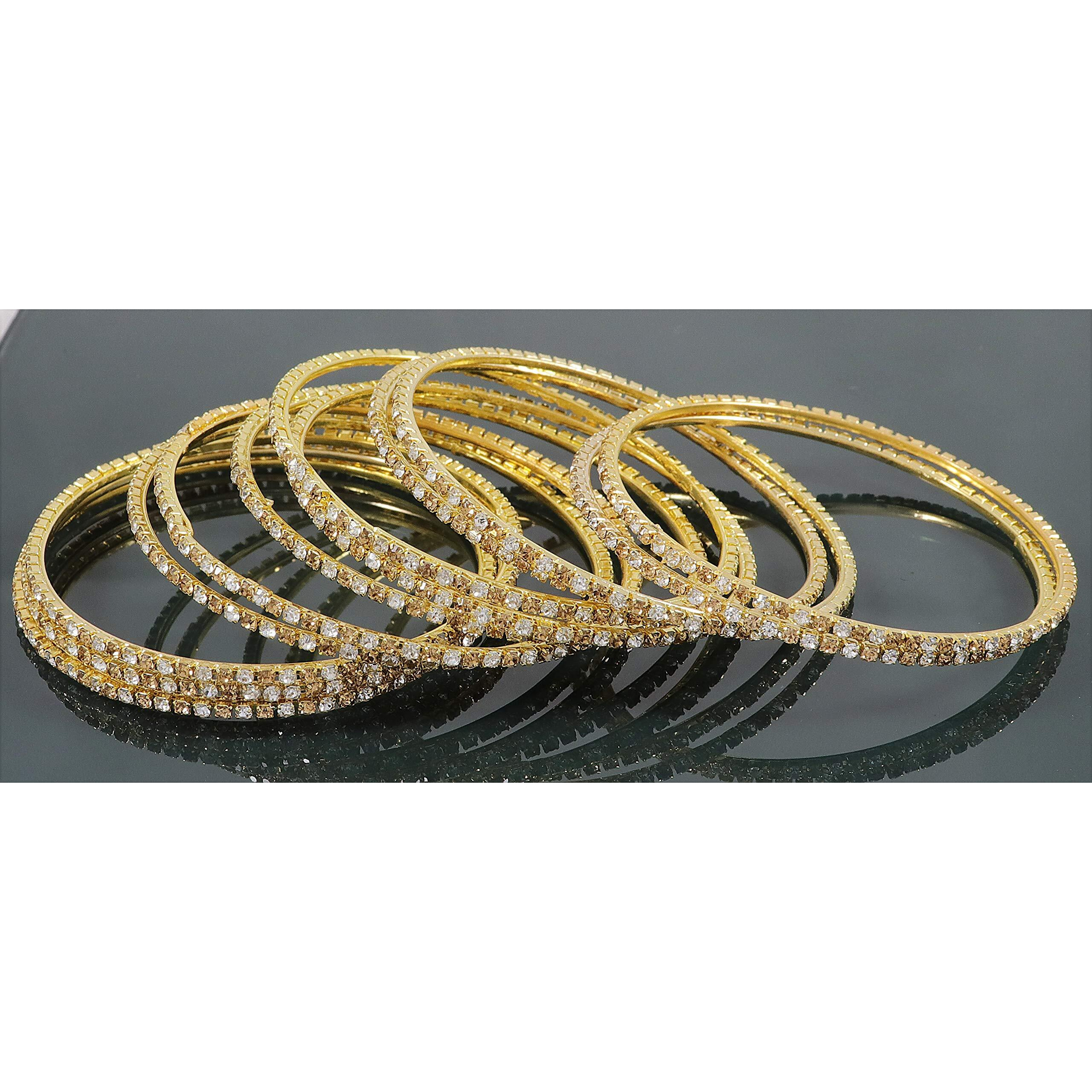 ZULKA Non-Precious Metal Base Metal with Zircon Gemstone Studded worked Glossy Finished Bangle Set For Women and Girls, (Golden-Silver_2.4 Inches), Pack Of 12 Bangle Set