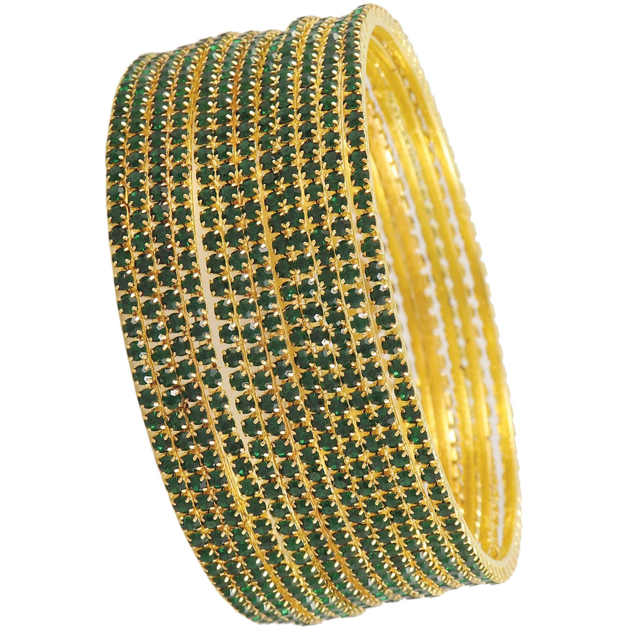 ZULKA Non-Precious Metal Base Metal with Zircon Gemstone Studded worked Glossy Finished Bangle Set For Women and Girls, (Green_2.6 Inches), Pack Of 12 Bangle Set