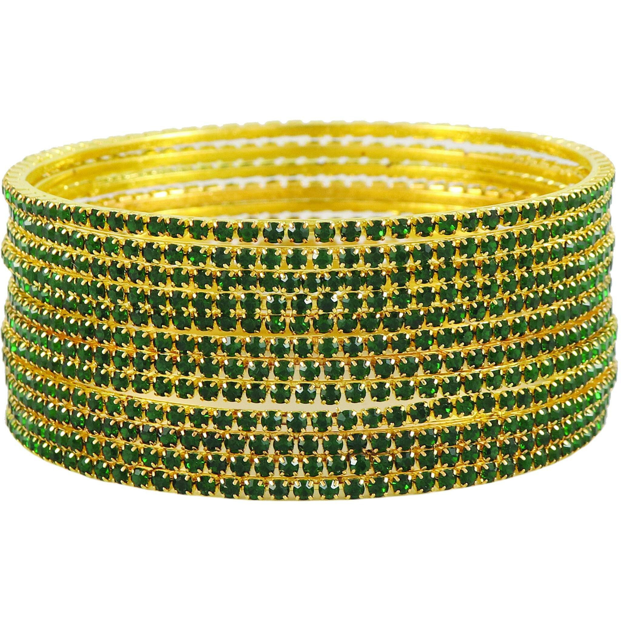 ZULKA Non-Precious Metal Base Metal with Zircon Gemstone Studded worked Glossy Finished Bangle Set For Women and Girls, (Green_2.6 Inches), Pack Of 12 Bangle Set