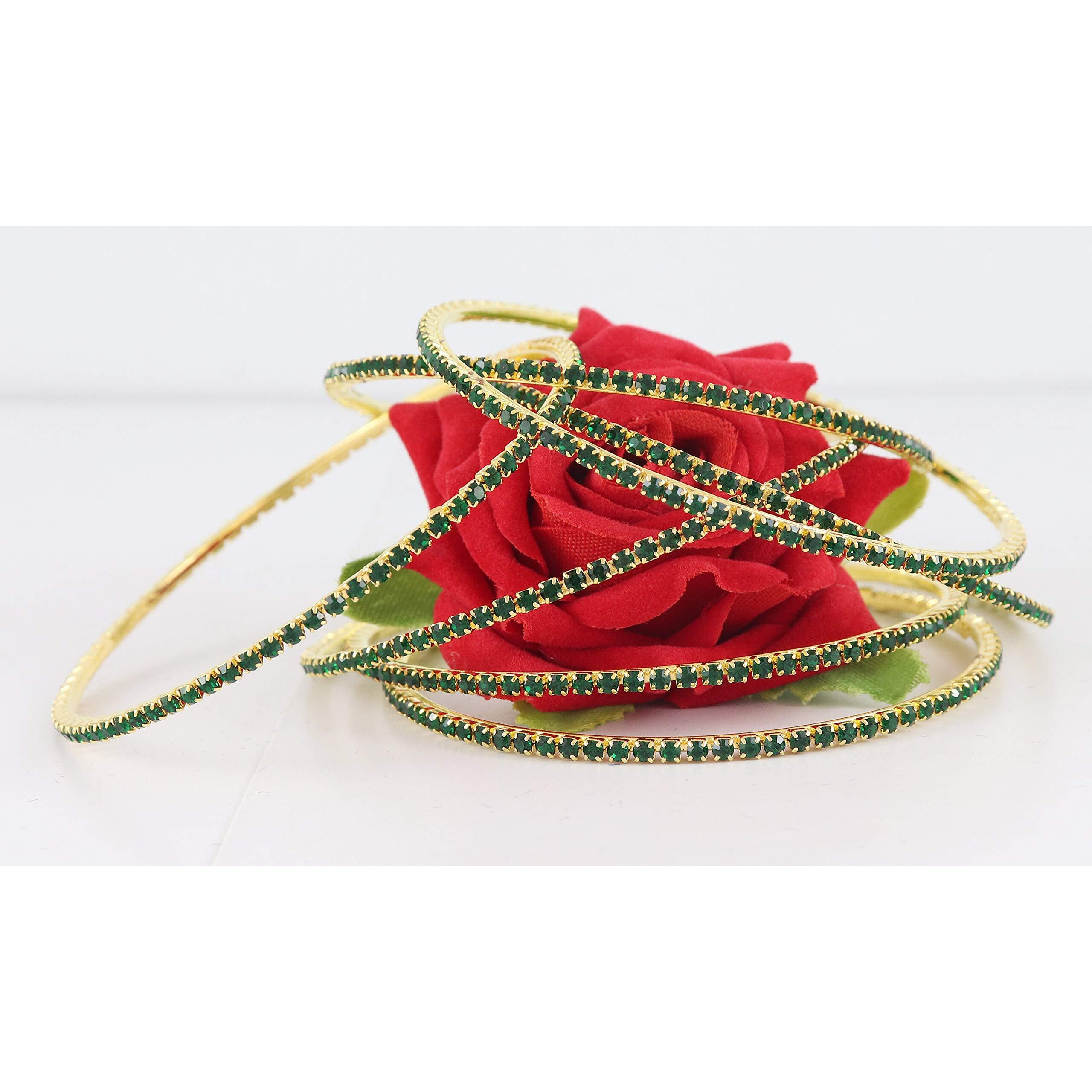 ZULKA Non-Precious Metal Base Metal with Zircon Gemstone Studded worked Glossy Finished Bangle Set For Women and Girls, (Green_2.6 Inches), Pack Of 12 Bangle Set