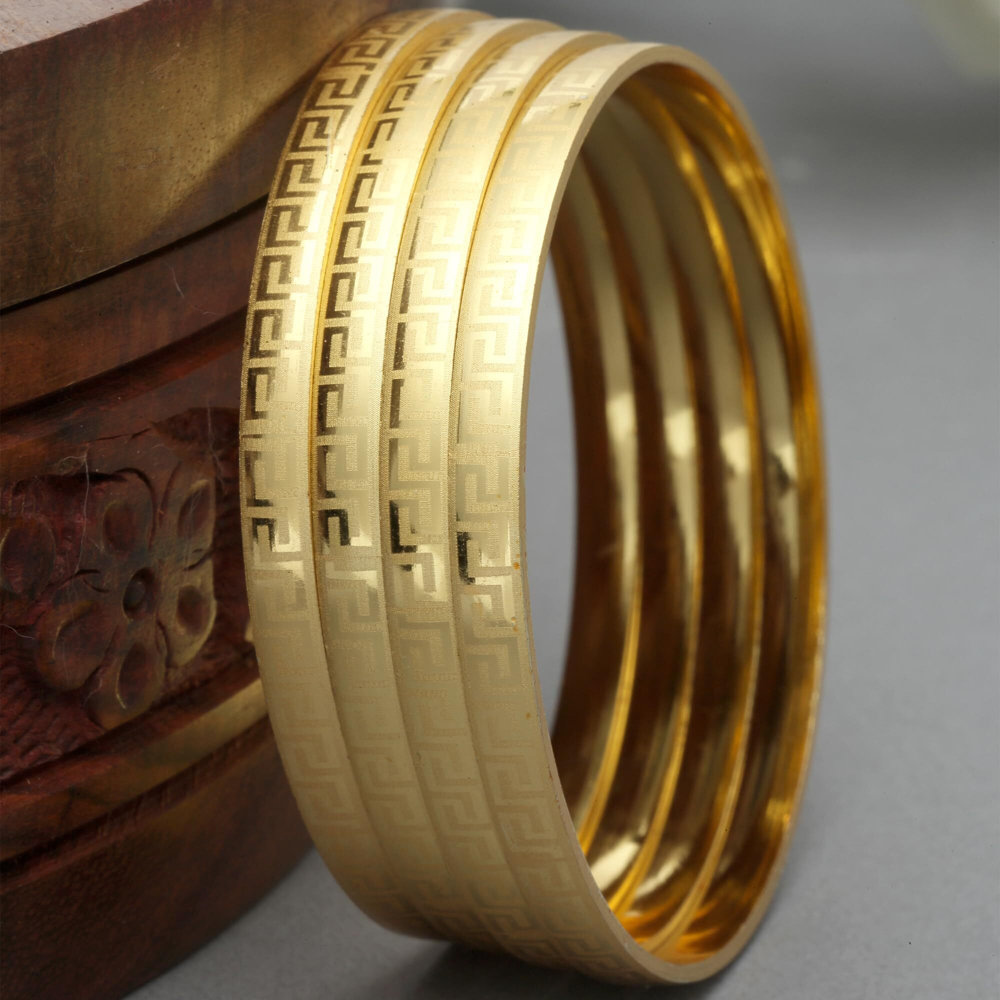 ZENEME Set Of 4 Gold-Plated Textured Handcarfted Classic Bangles For Girls and Women (Maze, 2.4)
