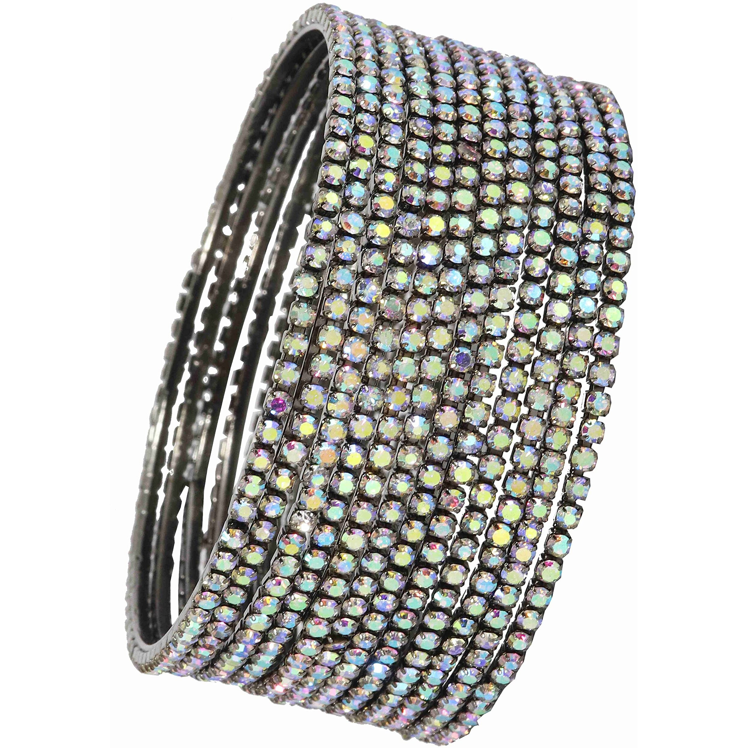 ZULKA Non-Precious Metal with Base Metal and Zircon Gemstone Studded Premium and Traditional Glossy Finished Sleek Bangle set for Women and Girls, (Grey-Rainbow_2.4 Inches), Pack Of 12 Bangles