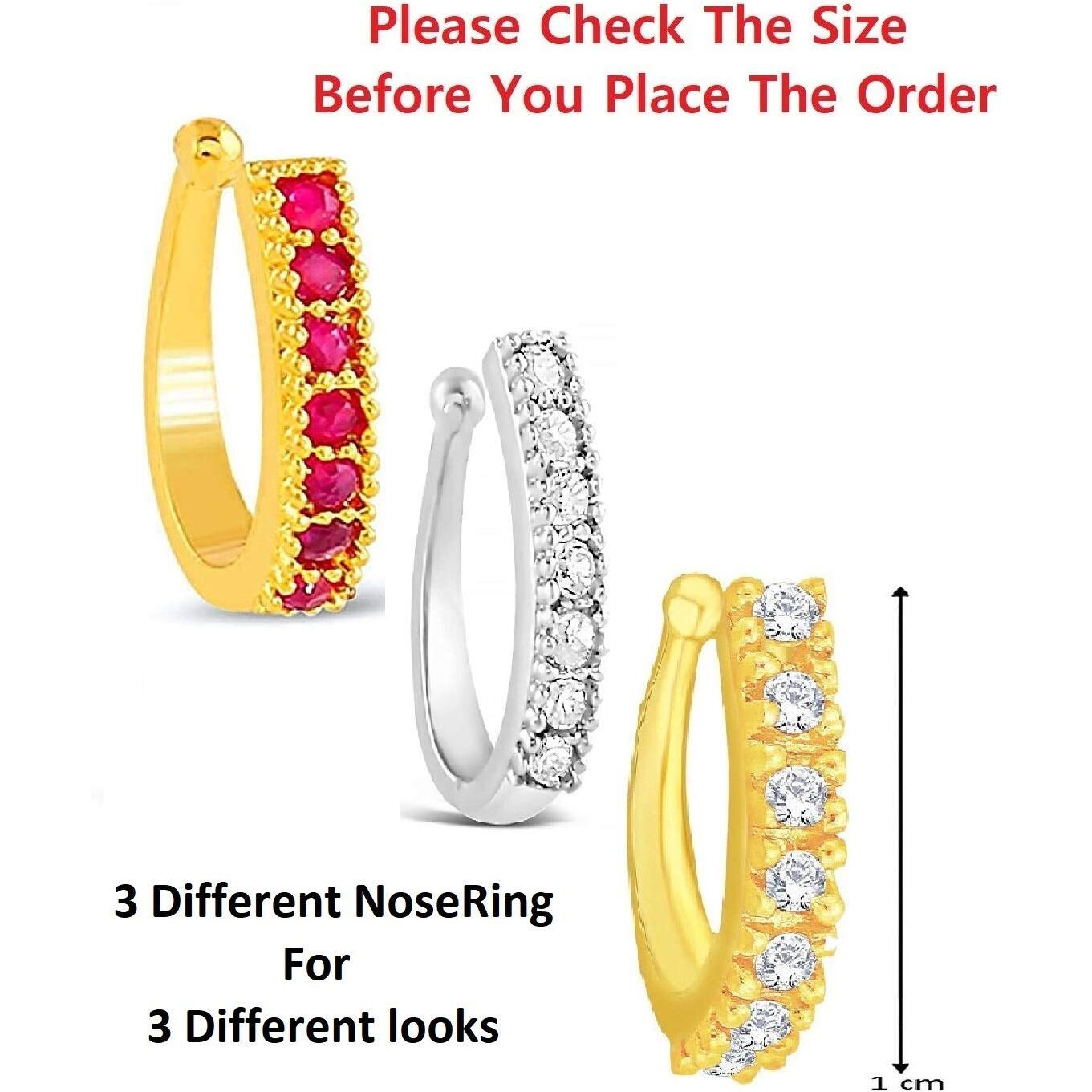VAMA Golden Clip On Nose Pin Combo Without Piercing Pressing Nose Pin Stud for Women - 3 PCS