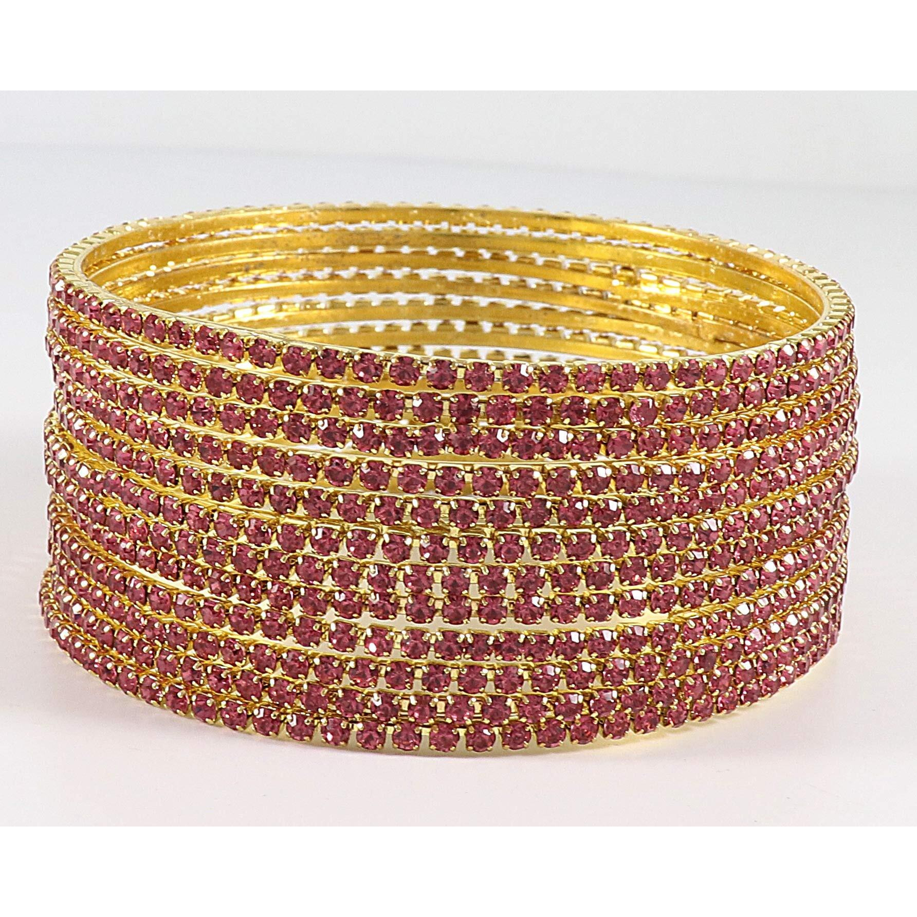 ZULKA Non-Precious Metal Base Metal with Zircon Gemstone Studded worked Glossy Finished Bangle Set For Women and Girls, (Pink_2.8 Inches), Pack Of 12 Bangle Set