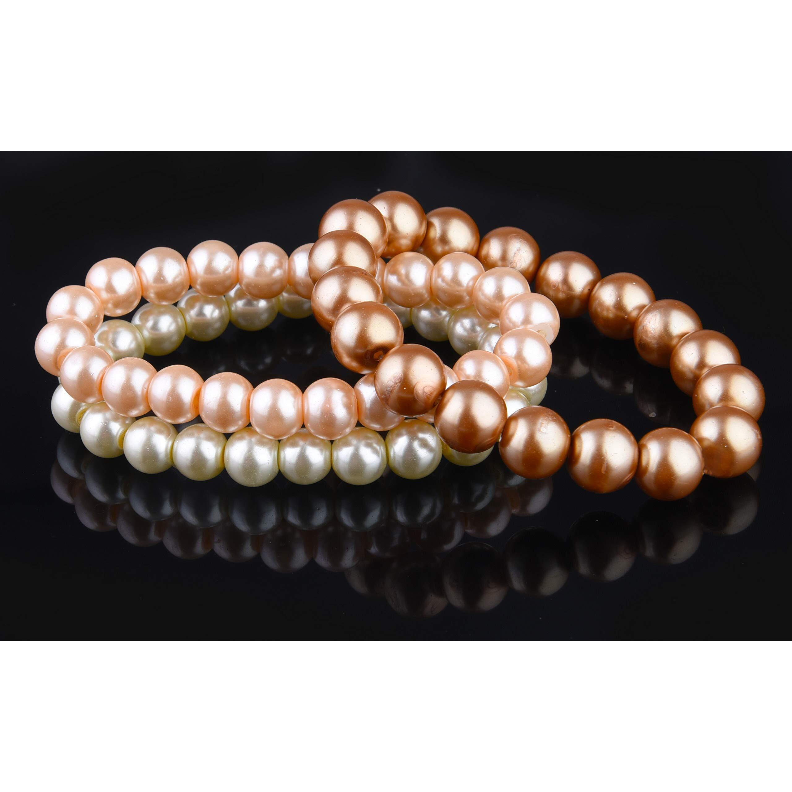 JFL - Jewellery for Less Combo of 8mm Faux Pearl 3 Stretchable Bracelets Handcrafted for Women and Girls (Combo of 3) (Off White, RoseGold & Bronze),Valentine