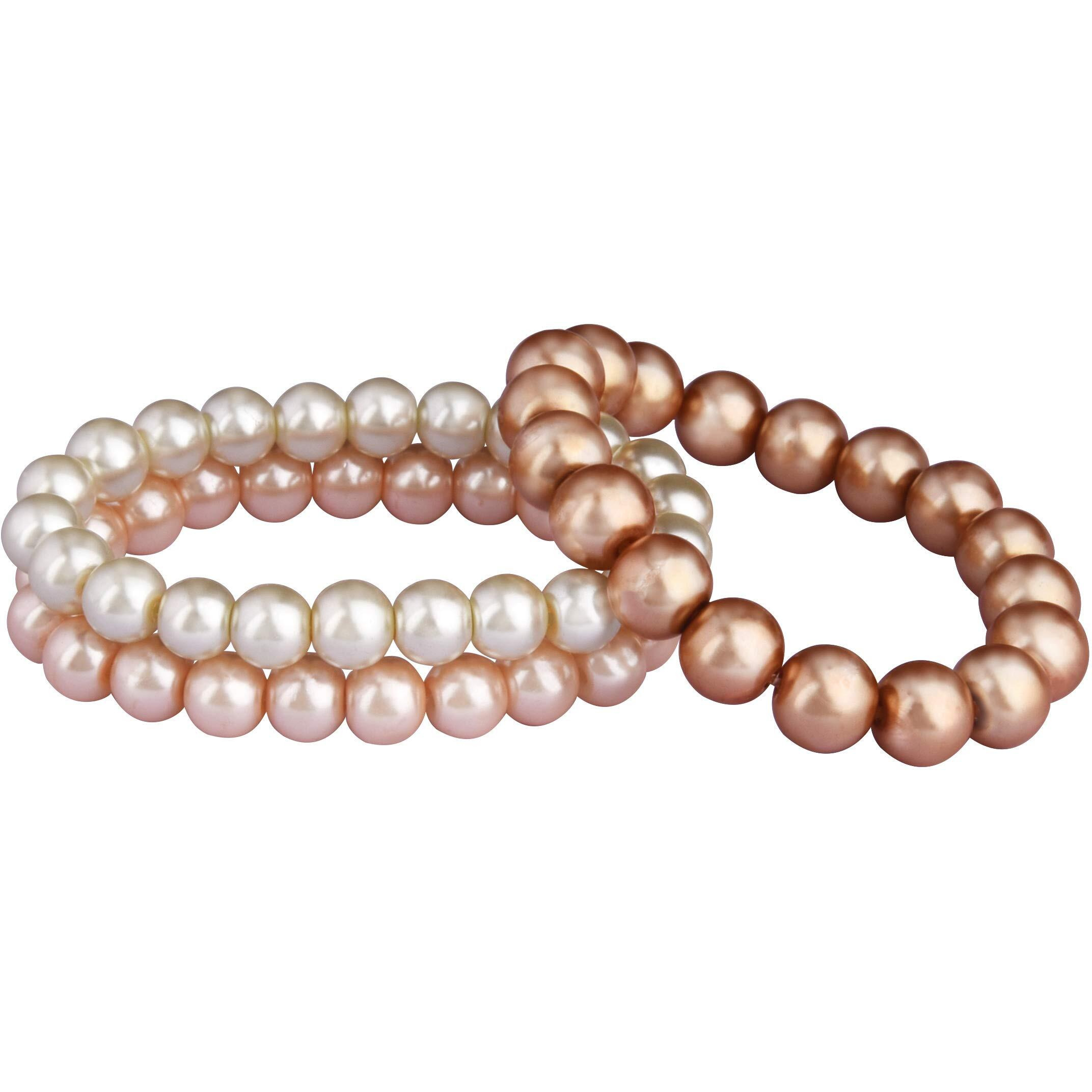 JFL - Jewellery for Less Combo of 8mm Faux Pearl 3 Stretchable Bracelets Handcrafted for Women and Girls (Combo of 3) (Off White, RoseGold & Bronze),Valentine