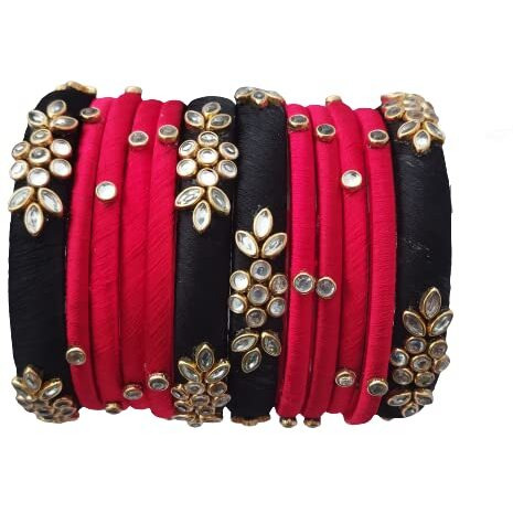 IJYA Sihan Handicrafts Kundan Work Silk Thread Bangle Kada For Women Girls 12 PC Set Wedding & Festive Occasion Handmade Multicolored Chura Chuda Stone Studded (RED - BLACK, 2.6)