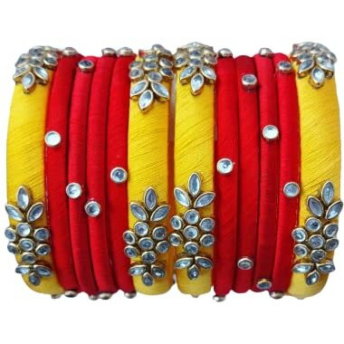IJYA Sihan Handicrafts Kundan Work Silk Thread Bangle Kada For Women Girls 12 PC Set Wedding & Festive Occasion(RED - YELLOW, 2.4)